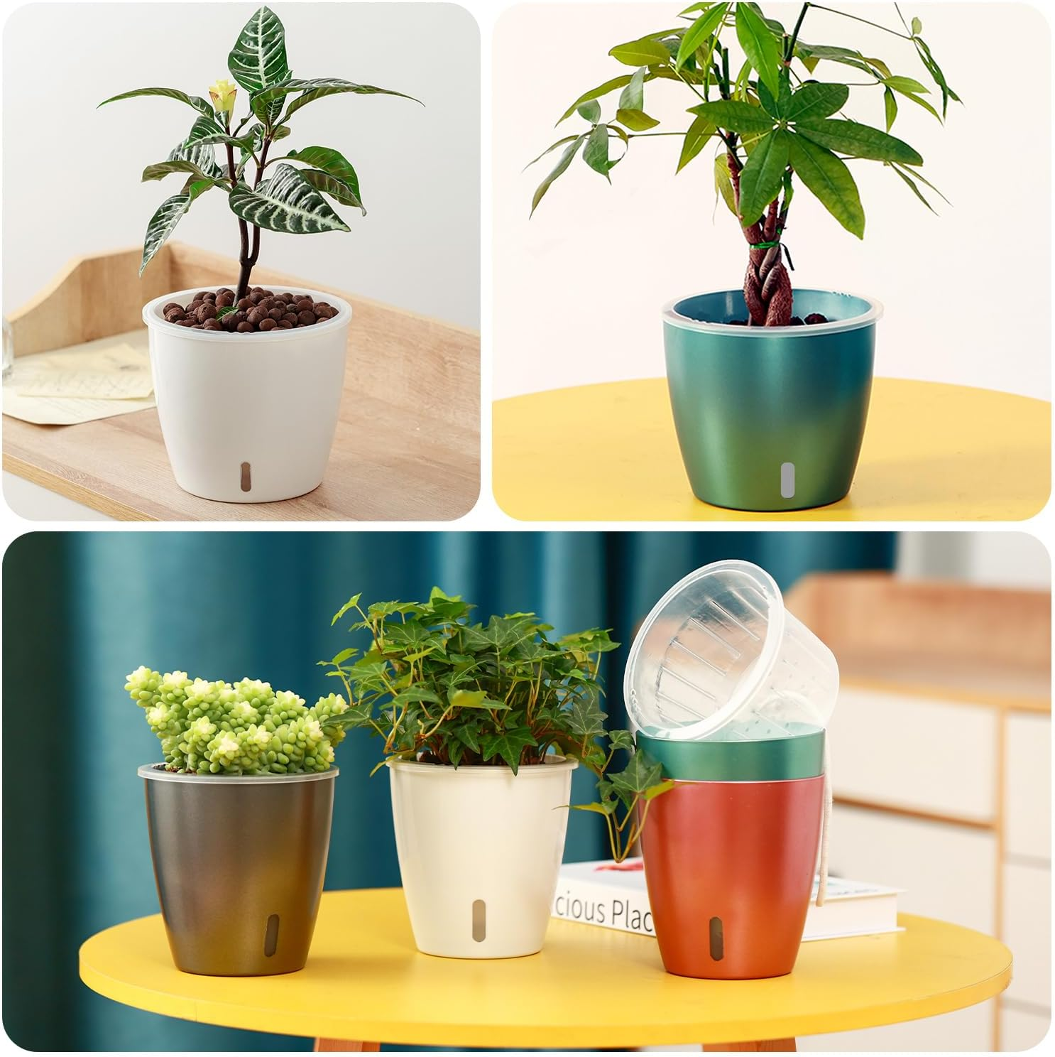 Kvyusflourish 4-Pack 6.7'' Self Watering Pots Indoor Plants Indicator,Orchid Pot Transparent Wick Pot Orchids,Small African Violet Pot African Violet,Self-Watering Planter Plants KF2273 Blue Gold image number 2