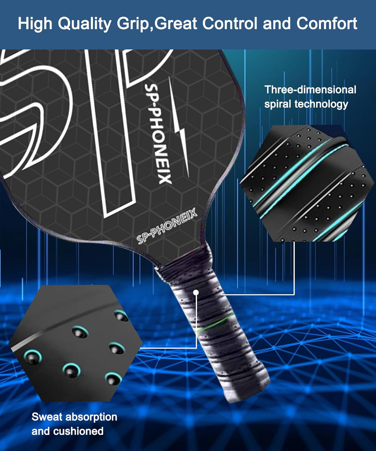 SPPHONEIX Carbon Pickleball Paddles Set Lightweight Pickleball Rackets Honeycomb Core Carbon Fiber Surface, Comfort Grip, 2 Pack Lightweight 4 Ball 2 Paddles 2 Grip Tape - Black image number 5