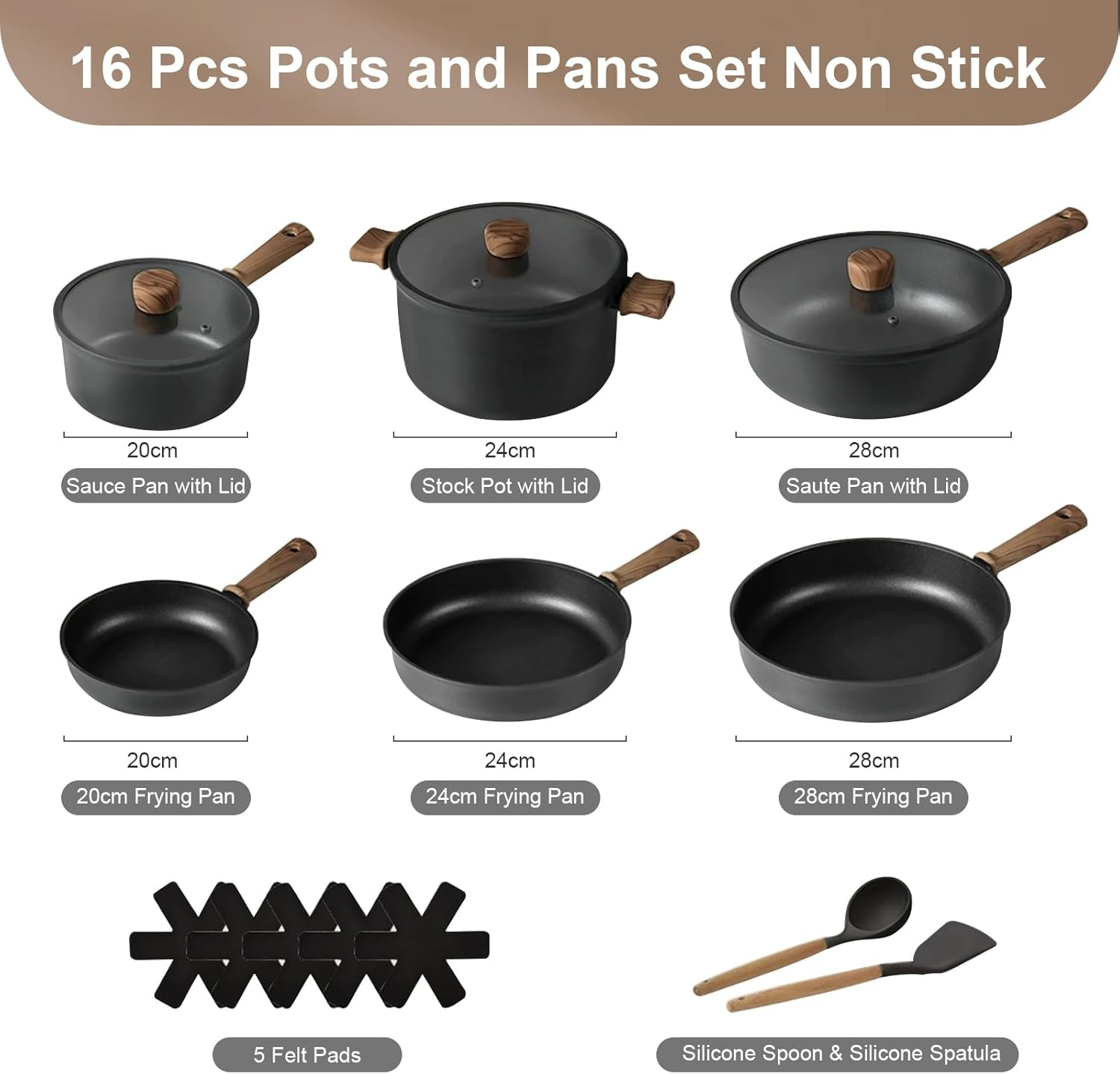 16 Pcs Pots and Pans Set Non Stick, Kitchen Nonstick Cooking Cookware Sets, Induction Cookware Set, Premium Pots and Pans with Cooking Set for All Stove Tops, PFAS and PFOA Free (16 Pcs) image number 3
