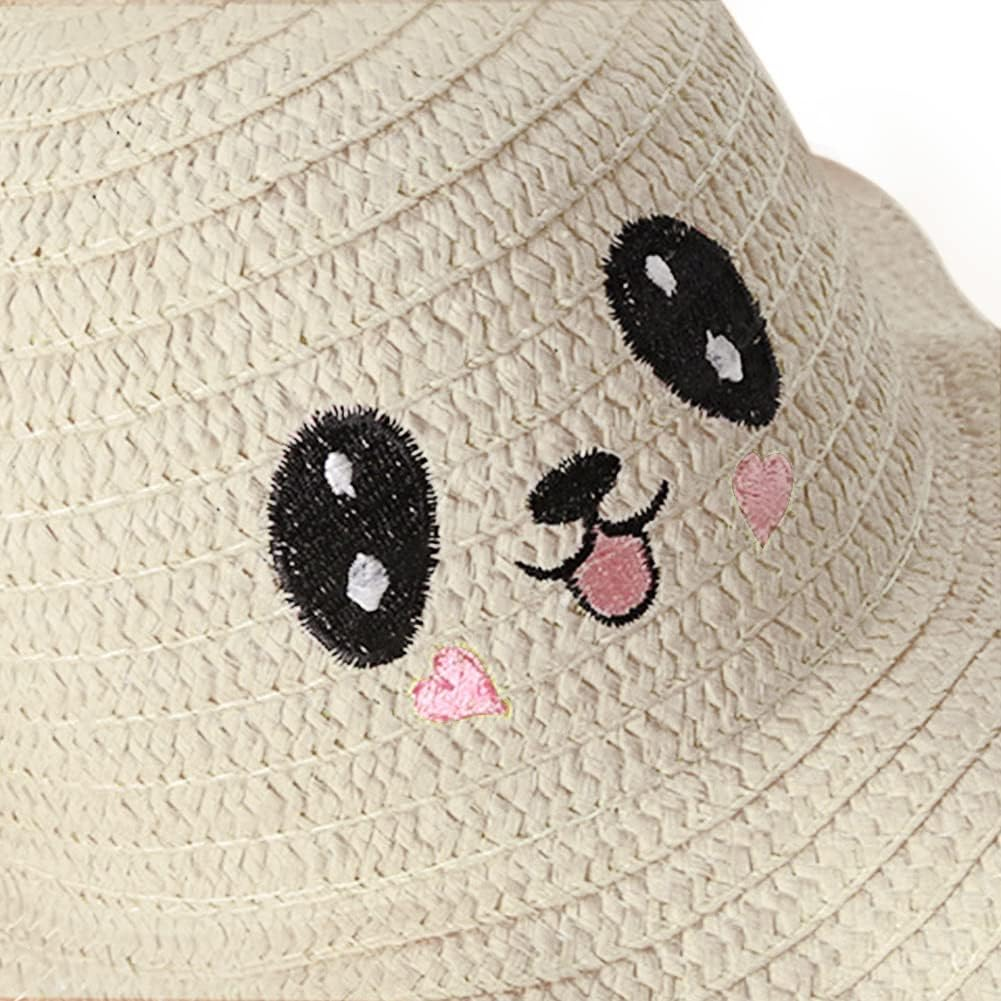 Haozaikeji Kids Straw Sun Hat Girls Breathable Wide Brim Summer Bucket Hat with Jumping Rabbit Ear Sun Protection Beach Hat for Travel & Outdoor Activities - Pink image number 7