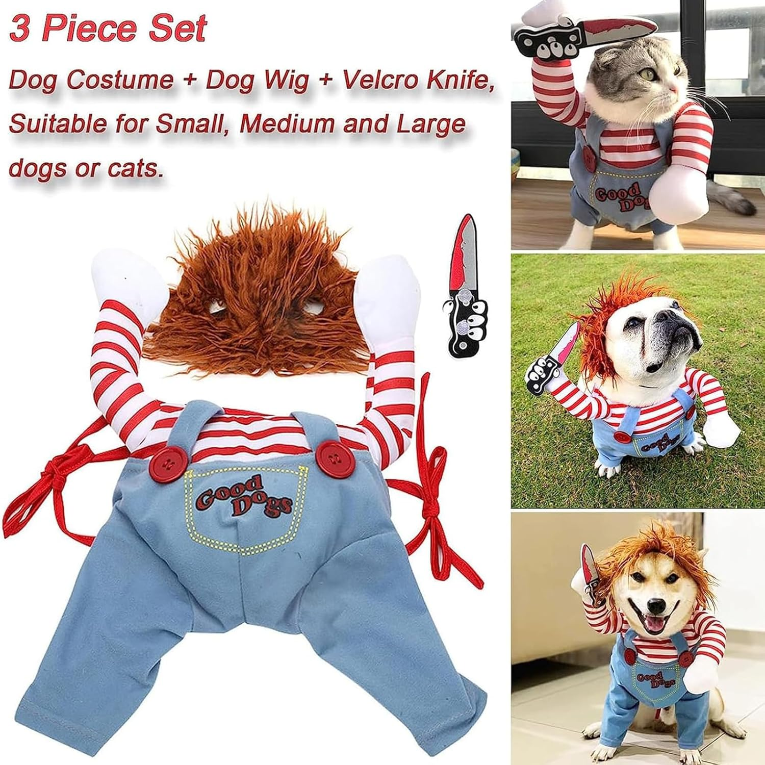 Pet Deadly Doll Dog Costume, Visuivit Novelty Dog Cosplay Funny Halloween Costumes, Cute Dog Clothes for Small Medium and Large Dogs, Party Dress up Cool Dog Outfit Scary and Spooky Apparel (L)