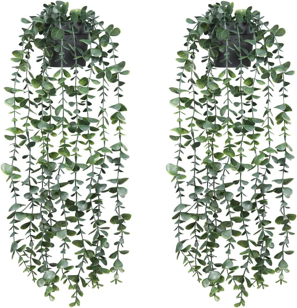 2 Pack Artificial Hanging Plant, Fake Hanging Plant, Fake Potted Plant, Small Eucalyptus Faux Greenery Vine Plant in Pot for Home Indoor Room Outdoor Office Wedding Wall Decor