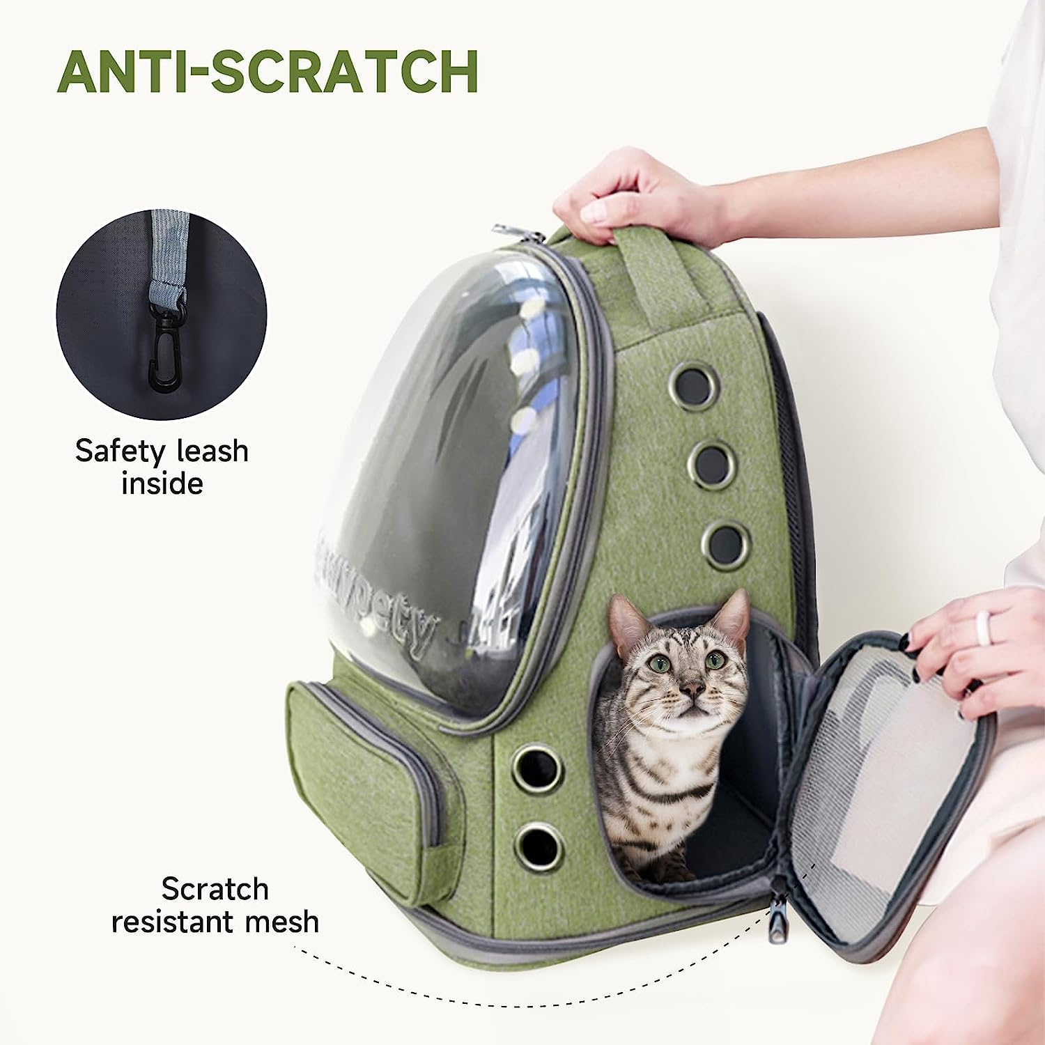 Cat Backpack Carrier, Breathable Cat Carrier Foldable Bubble Backpack for Kitty to Medium Cat Small Dog up to 15Lbs Travel Hiking Transparent Pet Carrier - Green image number 3