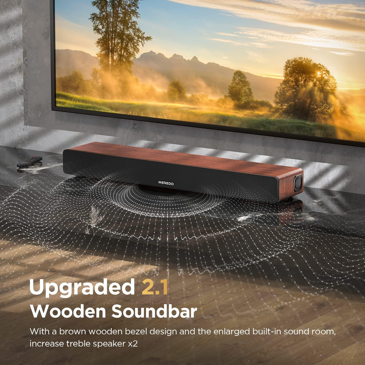 Sound Bar Wooden MEREDO Soundbar for TV with Built-In Subwoofer 165W 2.1CH with ARC Cable 5 EQ Mode (Adjust Bass & Treble) BT 5.0/Optical/Aux for Home Theater- 31 Inch, D47 Plus