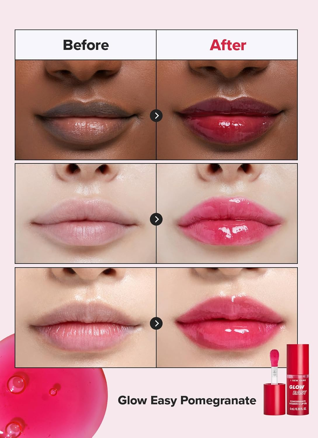 I DEW CARE Glow Easy Pomegranate Vitamin C Lip Oil, Pigmented Glossy Lip Oil, Hydrating, Korean Makeup, Tinted Lip Care, Cool Red, 0.20 Fl Oz image number 3