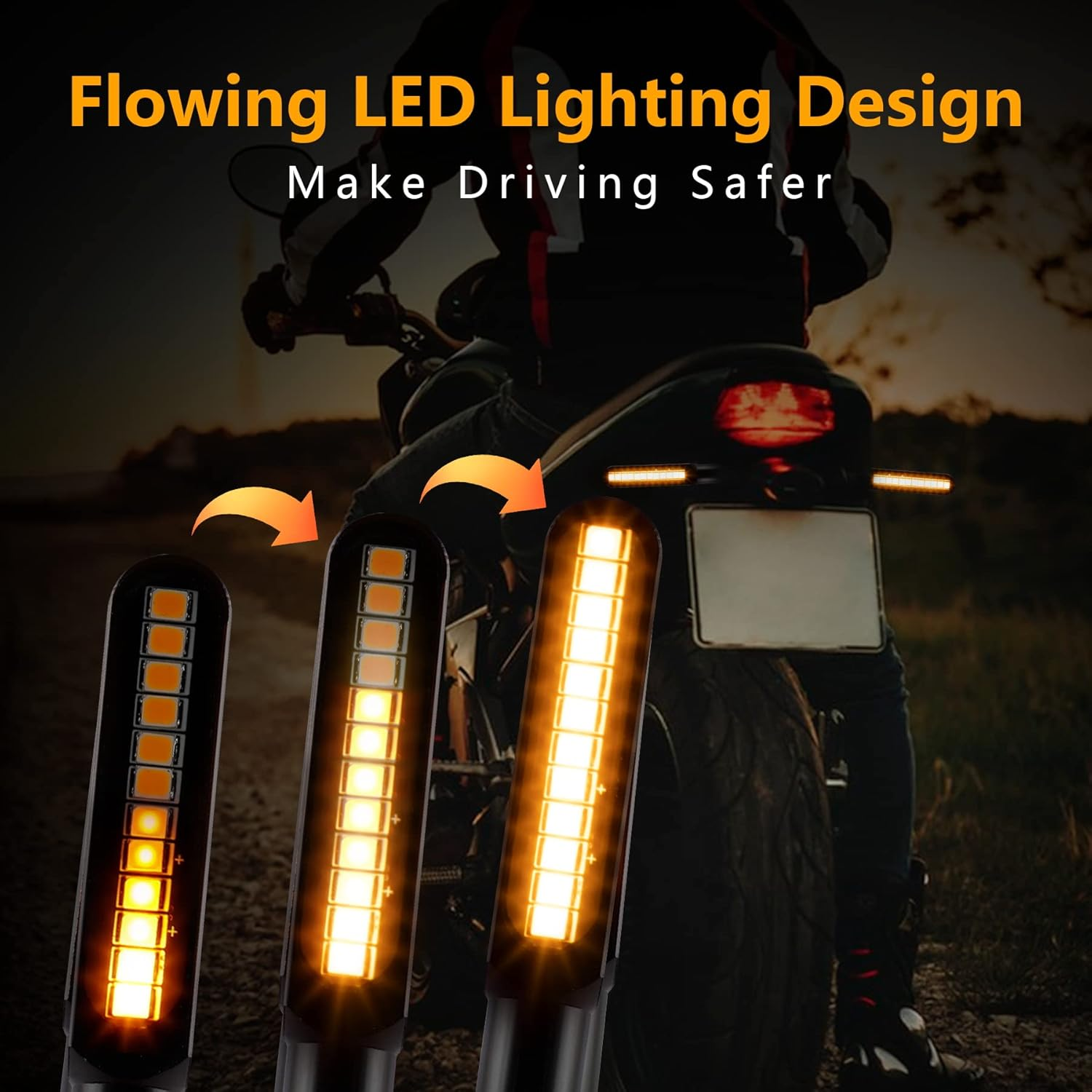 Ifunyled 2PCS Flowing LED Motorcycle Turn Signal Lights, Aluminum Alloy 12V Super Bright Motorbike Front Rear Blinkers Indicators for Harley Honda KTM Kawasaki Suzuki Yamaha - Amber, Black - Amber,White,Yellow image number 7