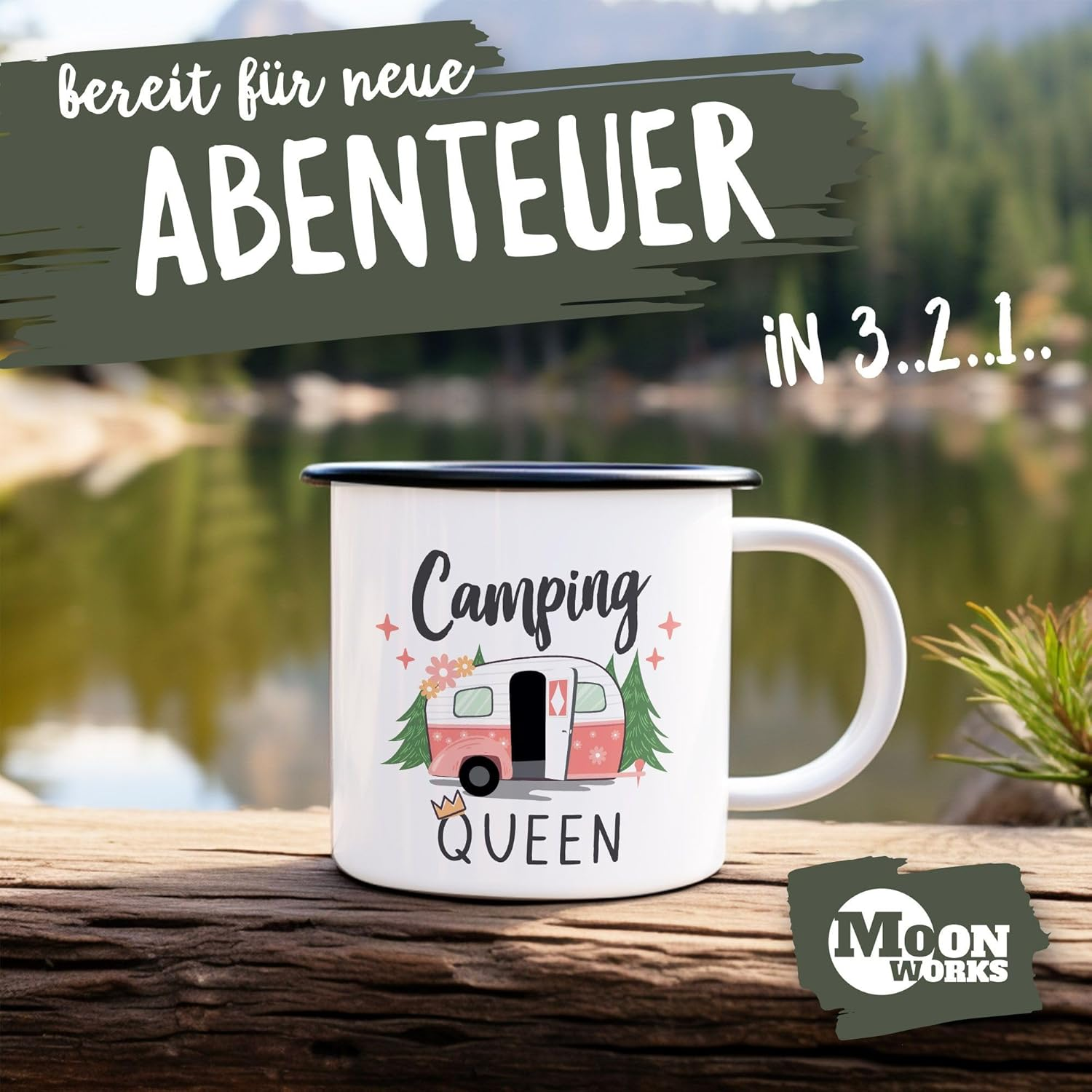 Moonworks&reg; Enamel Mug Camping Queen King Caravan Gift Camper Camping Holiday Accessories Queen Enamel White Black Standard image number 1