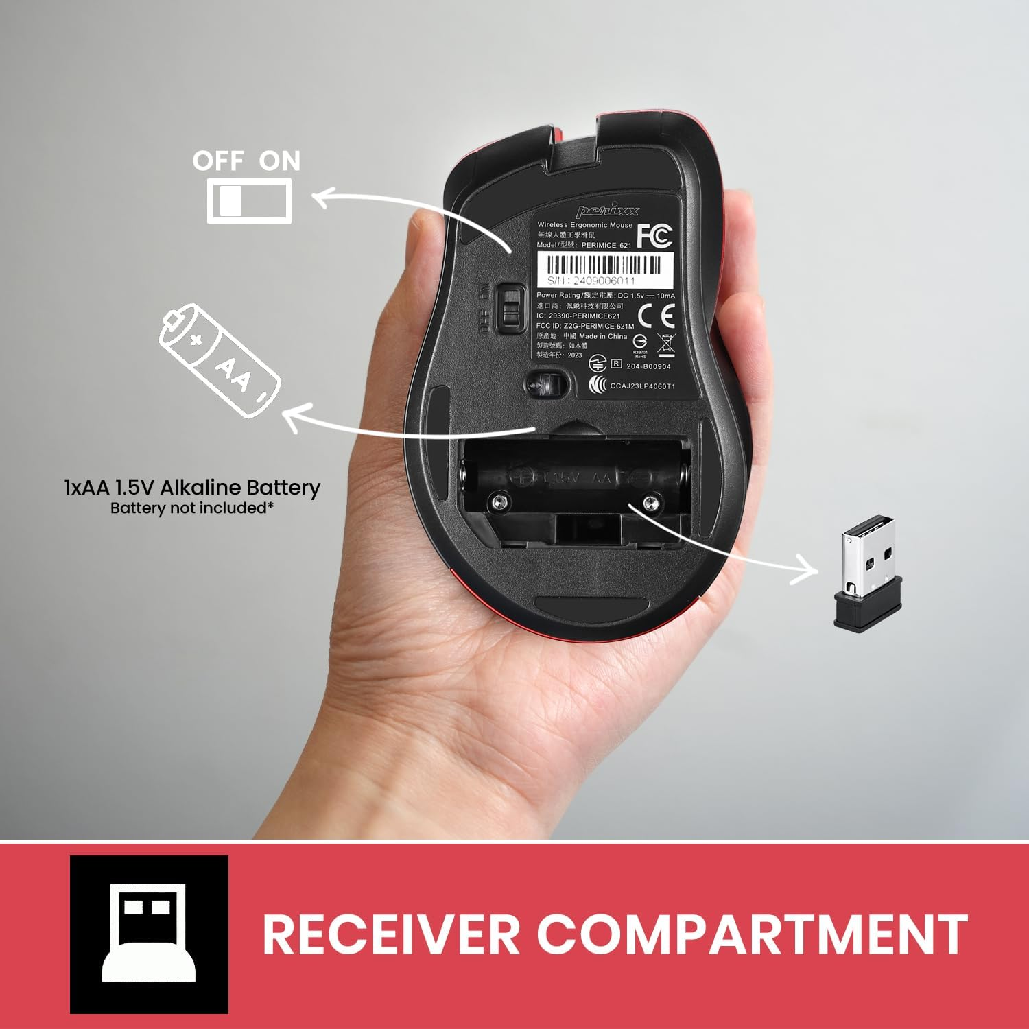 Perixx PERIMICE-621M Wireless Mouse - Silent Click with Ergo Design - Compatible for Desktop and Laptop PC - Wireless 2.4 Ghz - Beige (Red) - Pink image number 6