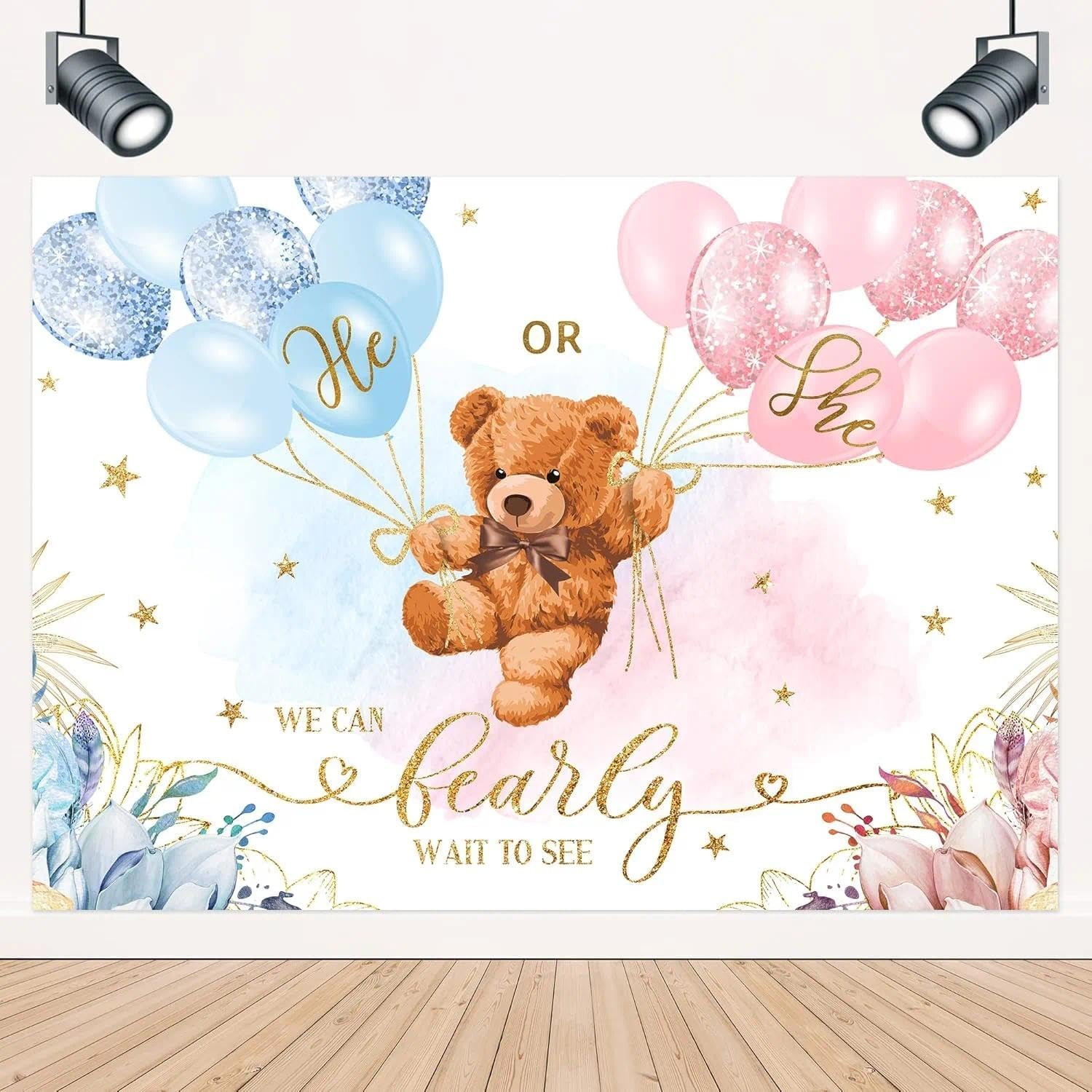 Bear Gender Reveal Backdrop Decorations for Baby Shower Party Photography Background with Floral Pattern and Gold Foil Confetti - Auroly image number 2