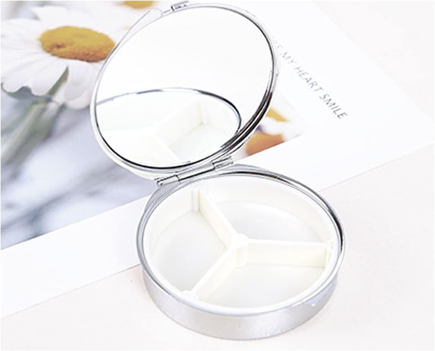 Pill Box Organiser Round, Metal Pill Holder 3 Compartment, Small Portable Pill Case for Travel Pocket Purse, Daily Pill Container with Mirror, Gift Choice (Sun&Moon) image number 2