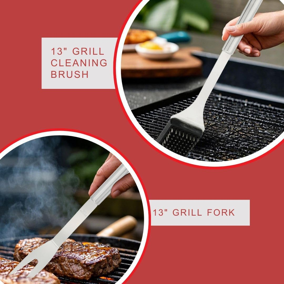 Stainless Steel BBQ Grill Tool Set - BBQ Accessories & Grill Tools, Durable Stainless-Steel Utensils, Spatula, Tongs, Cleaning Brush & More, Grilling Gift for Men, Dad Outdoor Gifts