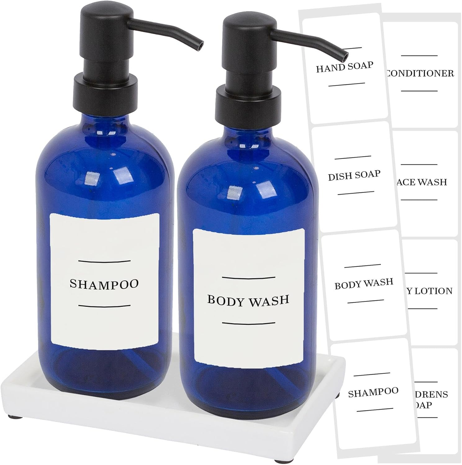 Harbour Housewares 2Pc Glass Soap Dispenser with Bamboo Tray & Labels - Amber/White - 500Ml Refillable Soap Dispensers Hand and Dish Liquid Pump for Bathroom, Kitchen, Laundry Room