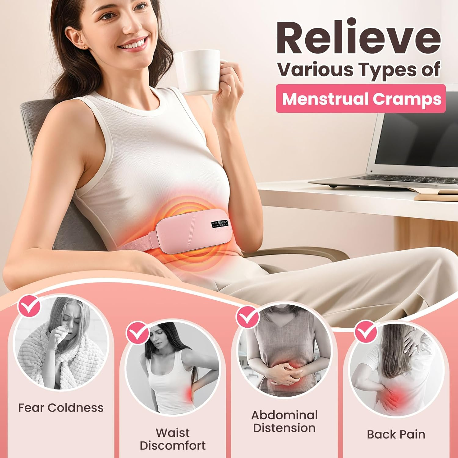 Sika Deer Portable Heating Pad for Period Cramps, Electric Waist Belt Device, Menstrual Heating Pad with 5 Heat Levels and 4 Massage Modes for Cramps Relief for Women and Girls. image number 5