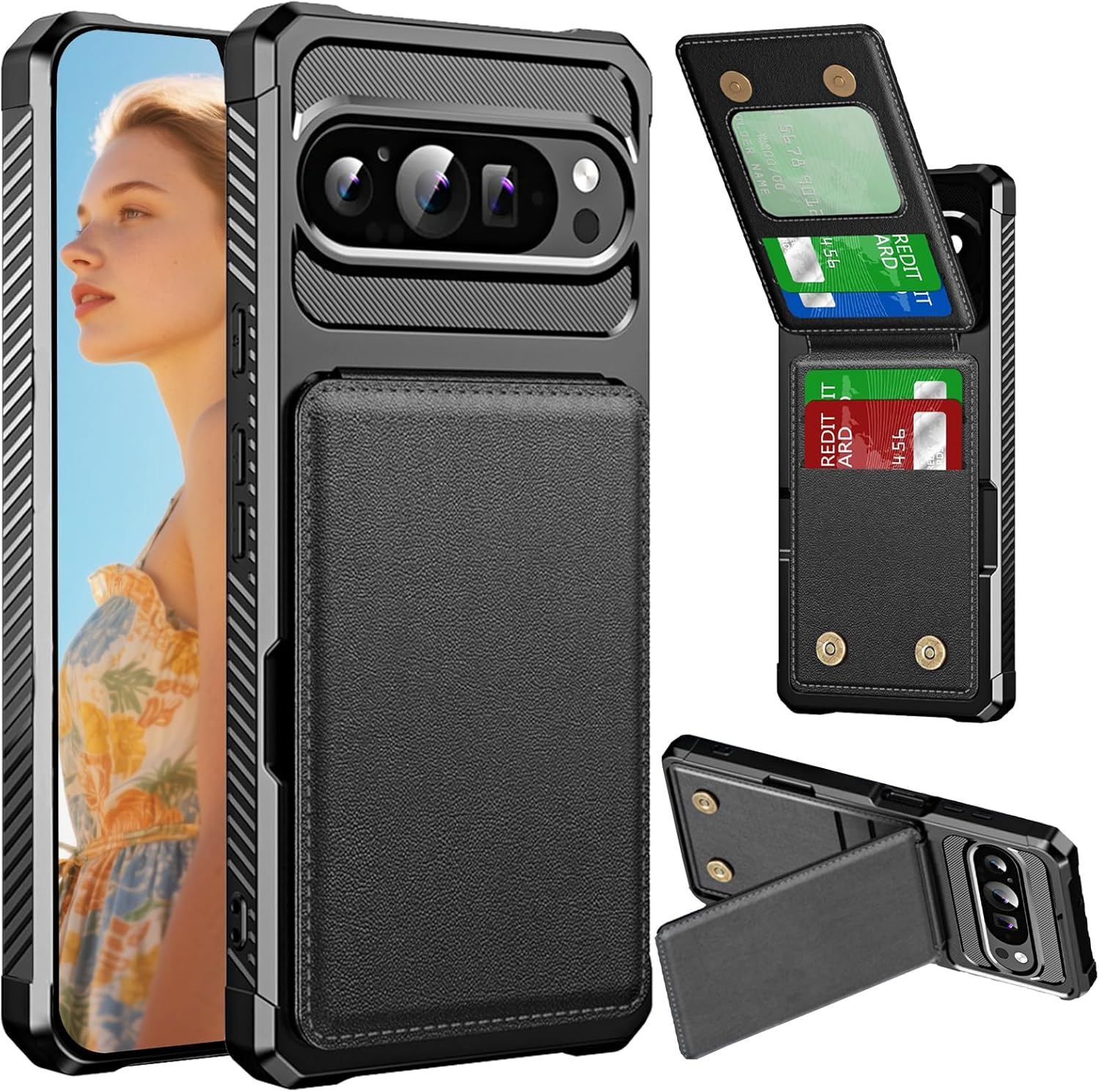 Fofvccv Wallet Case for Google Pixel 10 Pro XL with Double Magnetic Clasp, PU Leather Flip Kickstand Cover with Credit Card Slots Holder for Google Pixel 10 Pro XL ZM Rose