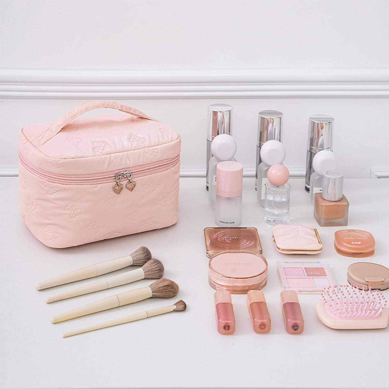 Makeup Bag，3 PCS Cosmetic Bags Set，Large Capacity Quilted Makeup Bag for Women with Bow Butterfly Pattern，Cute Cotton Makeup Bag Set，Waterproof Travel Toiletry Organizer Bag (Black) - Purple image number 7