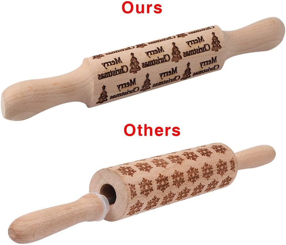 Dubom Christmas Wooden Rolling Pins - Engraved Embossing Rolling Pin with Christmas Deer Pattern for Baking Embossed Cookies,Rolling Pin Kitchen Tool (2 Pcs) - Christmas Tree image number 5