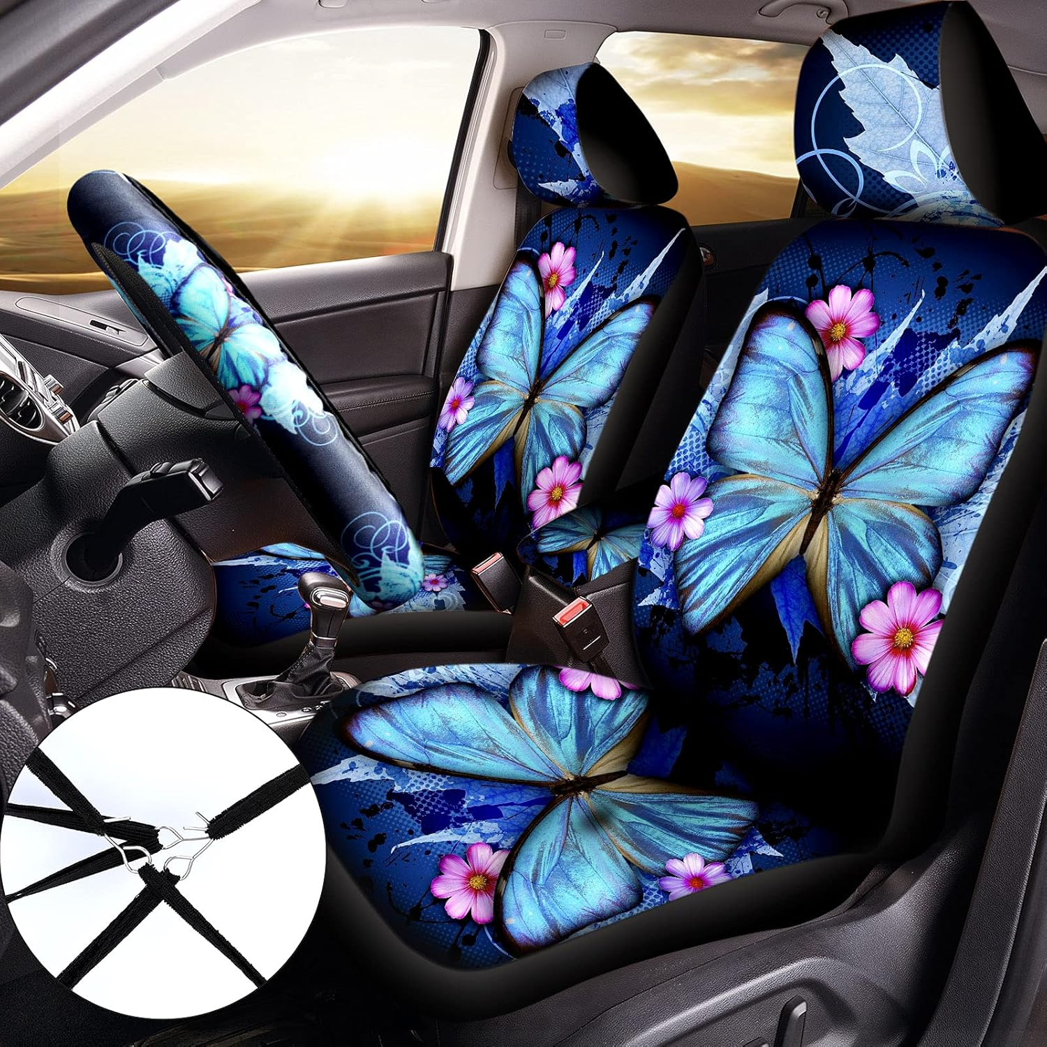 Frienda Butterfly Car Seat Covers for Women Butterfly Car Accessories Interior Seat Covers Rubber Steering Wheel Wrist Strap Armrest Seatbelt Cover Keychain(Bright Style) image number 3