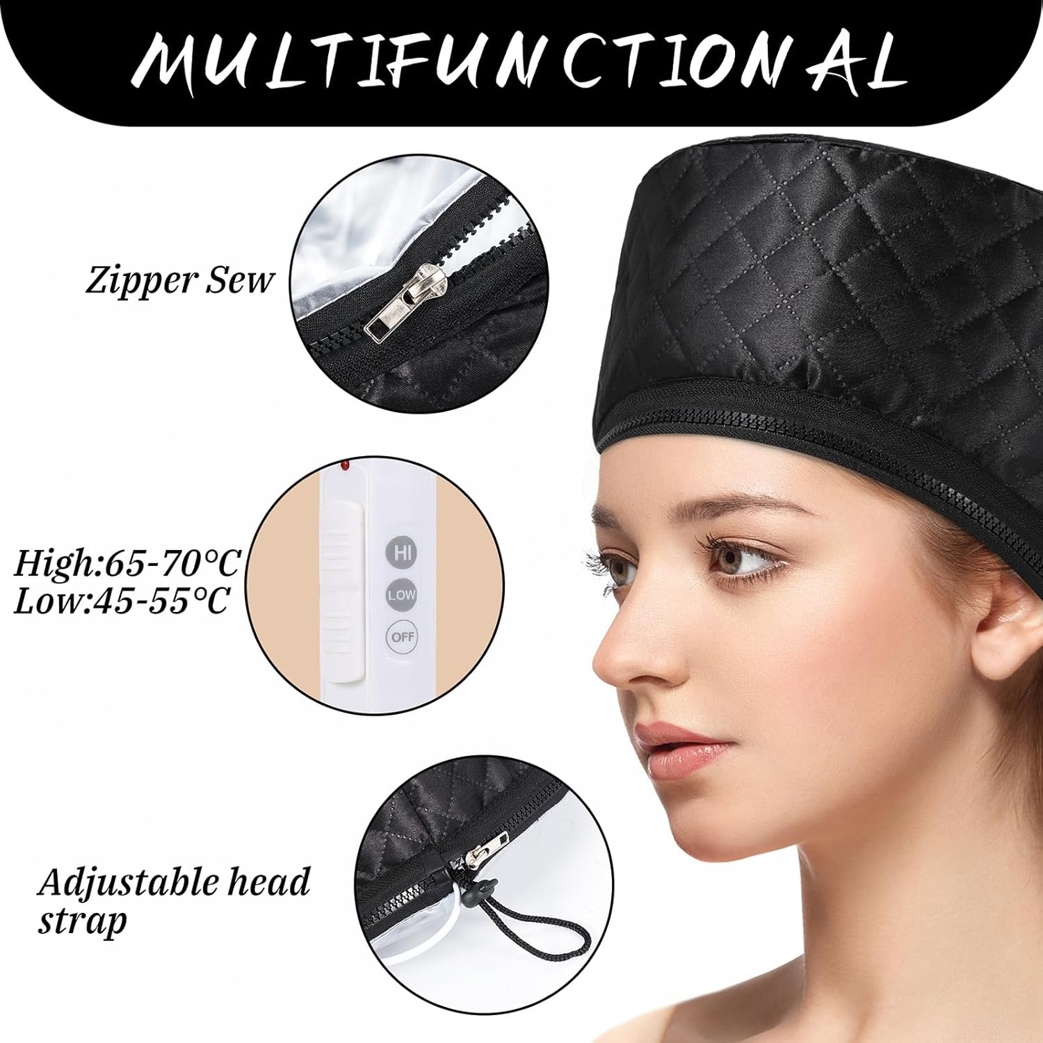 LUTIVI Thermal Deep Treatment Hat Steam Hood Hair Mask Heating Hood with 2 Temperature Modes for Spa, Salon, Home - Black image number 4