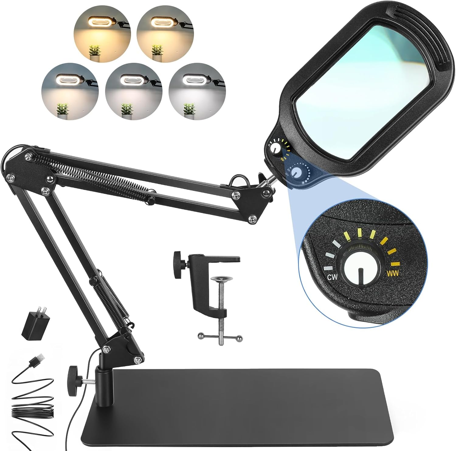 10X Rectangle Magnifying Glass with Light and Stand, Real Glass Lighted Magnifier Hands Free, Mechanical Knob 5 Color Modes Stepless Dimmable, 2-In-1 LED Desk Lamp with Clamp for Reading Hobby image number 6