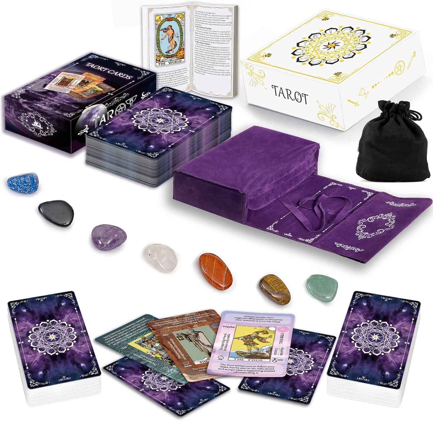 Tarot Cards Set with Guide Book,Tarot Cards for Beginners,Tarot Cards Deck with Meanings on Them,Learning Tarot Deck Fortune Telling Game with Velvet Tarot Bag and Chakra Stone image number 2