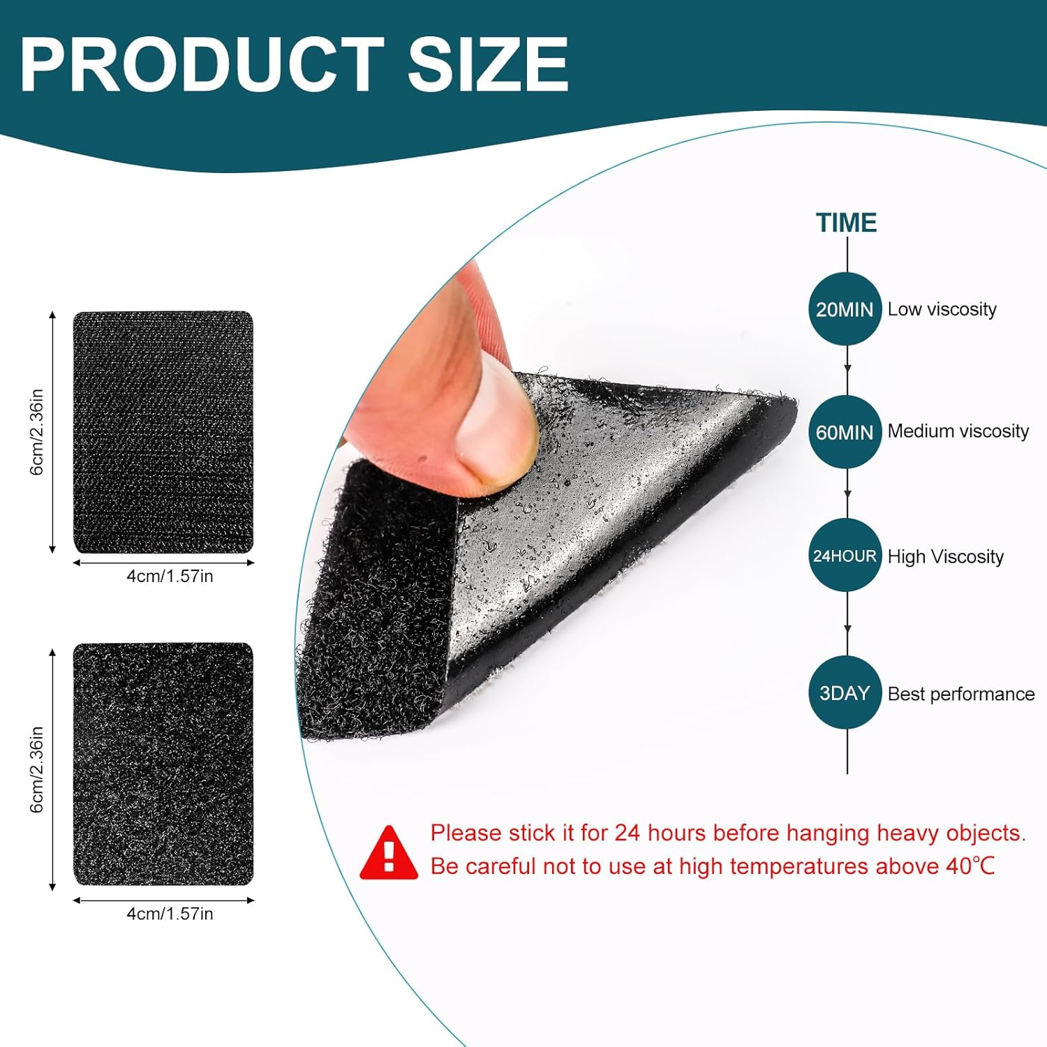 20Pcs 40Mmx60Mm Double Sided Sticky Pads, Extra Sticky Hook and Loop Tapes, Strong Heavy Duty Adhesive Sticky Back Pads for Mounting or Organizing Car Floor, Mats, Carpet Mirror (Black) image number 5