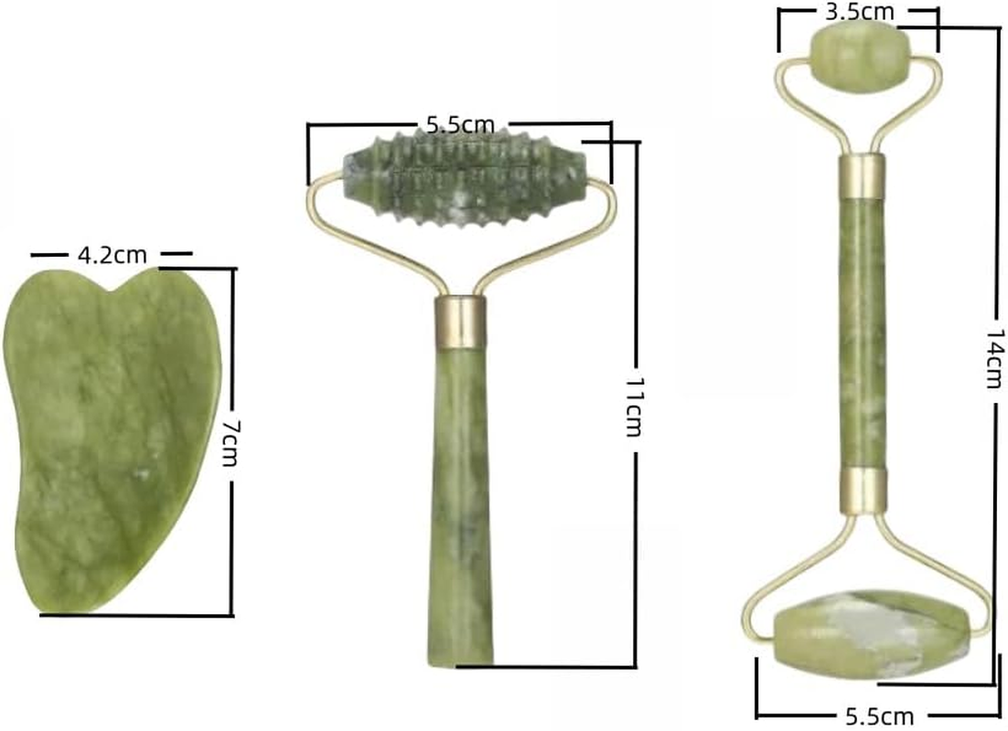 3 Pieces Jade Roller and Gua Sha Tool, GYWHOOFT Jade Roller and Gua Sha Massage Set anti Aging Wrinkle Reduction Facial Roller for Face,Neck Natural Jade Stone for Toning and Firming Skin