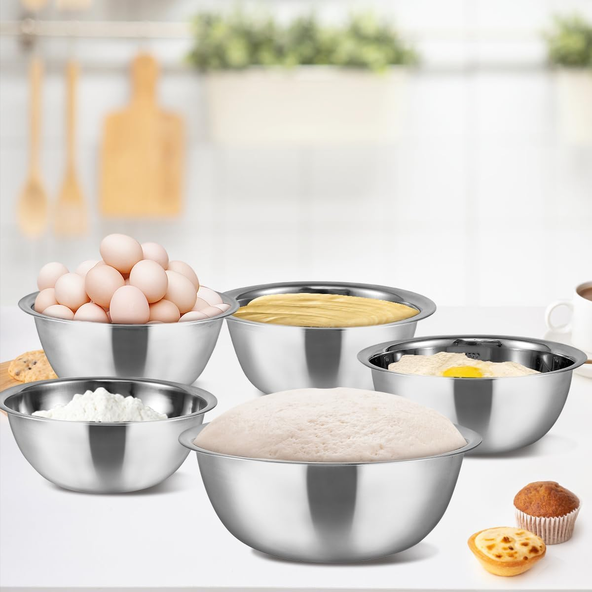 5Pcs Mixing Bowls Stainless Steel 5 Sizes Baking Bowls Mixing Set, Multipurpose Kitchen Utensils Cooking Set Mixing Bowls for Kitchen Mixing Baking Prepping Cooking Serving image number 6