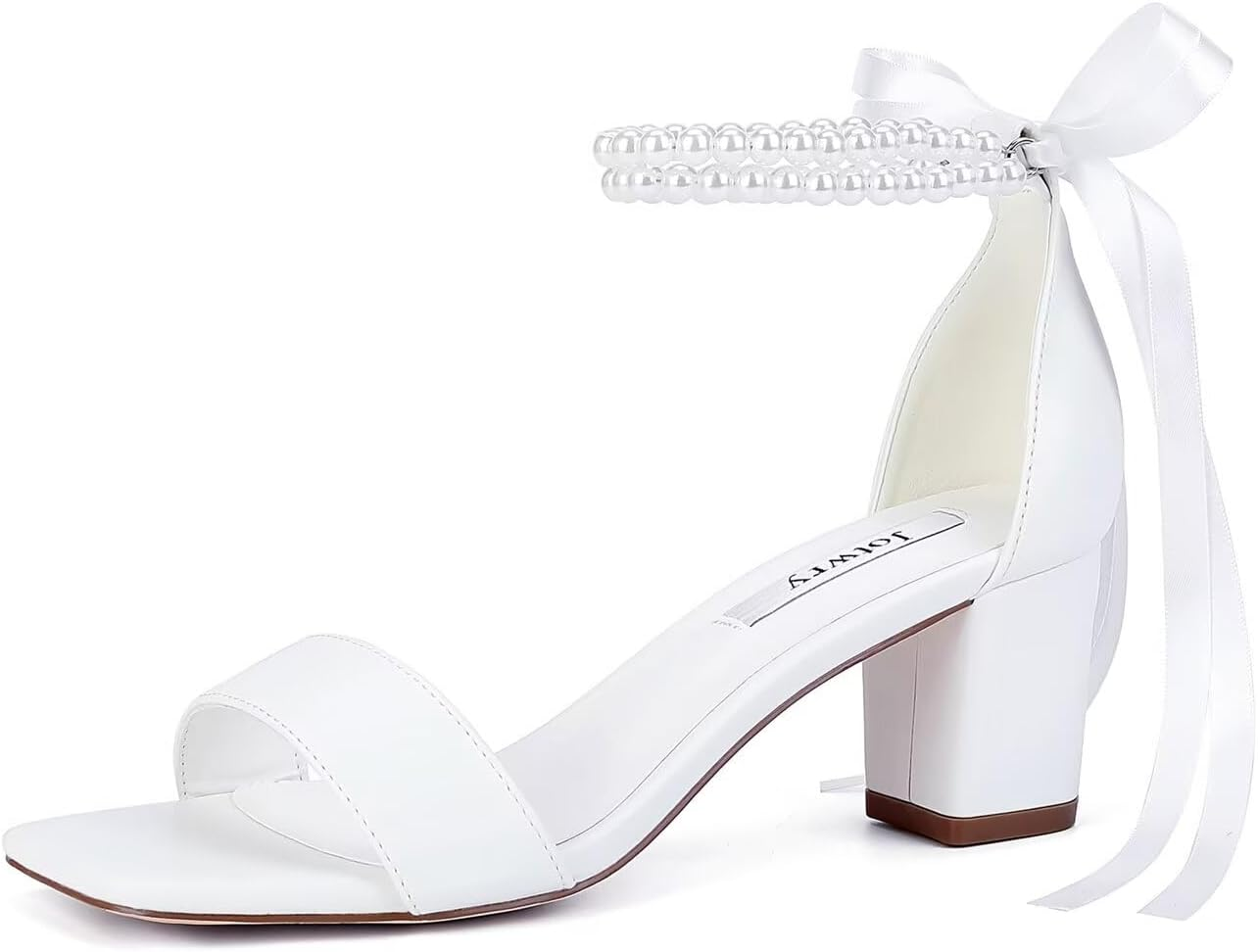 Jotwry Block Heel Wedding Shoes for Bride Pearl Heels Wedding Sandals Square Open Toe Bridal Shoes