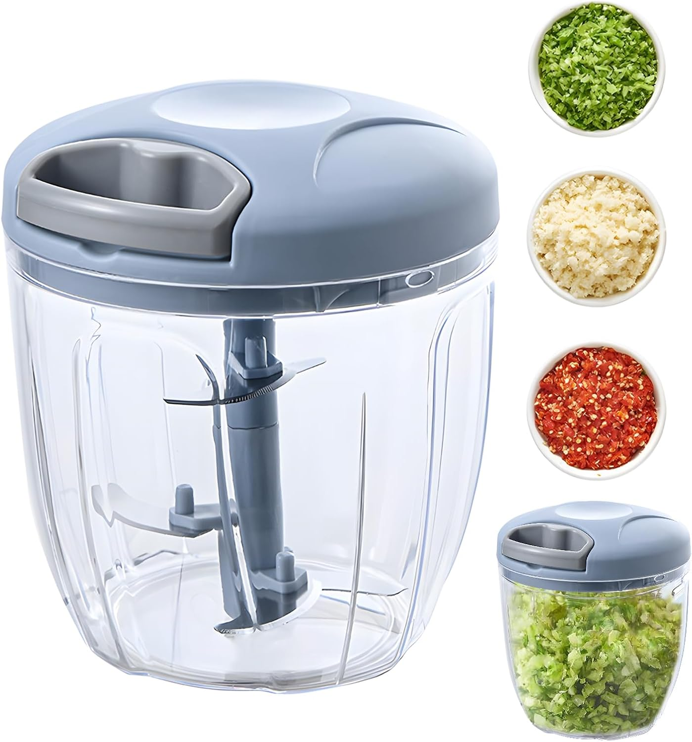 Manual Vegetable Chopper, Large Hand Pull String Food Chopper with 5 Stainless Steel Blades for Sharp and Durable (Blue, 900Ml)