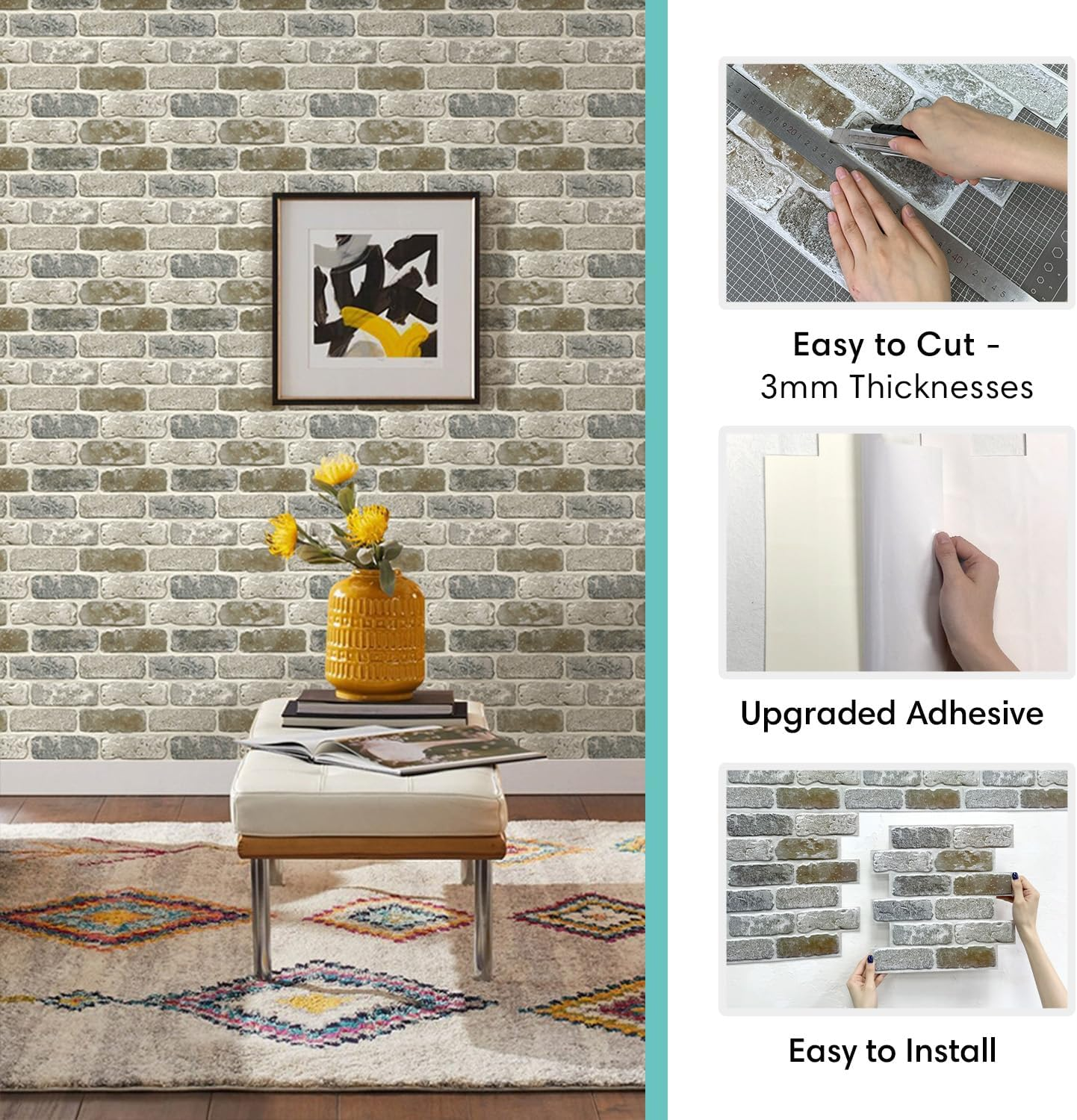 Commomy Peel and Stick Tiles for Wall 3D Wall Panels Faux Brick Stone, 11.8"X11.8", 10 Pcs, Wall Stickers PVC Wall Panels for Living Room, Bedroom, Interior Wall Decor image number 3