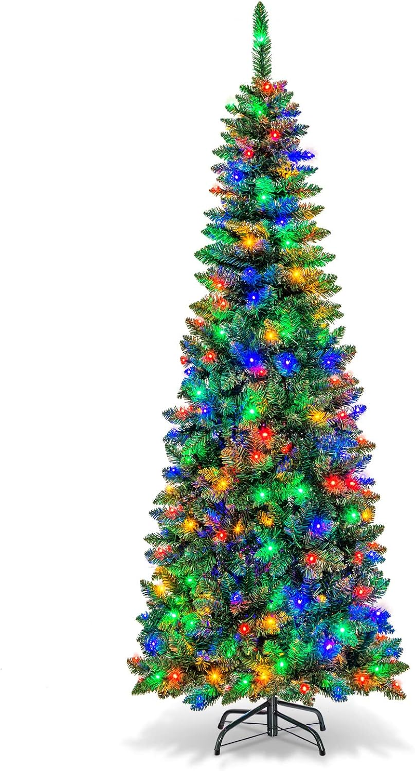 Costway Artificial Pre-Lit Christmas Tree, Hinged Fir, Xmas Pencil Tree with Foldable Metal Stand & Superior PVC Leaves, Easy Assembly, Christmas Decoration for Indoor (1.98 M) image number 1