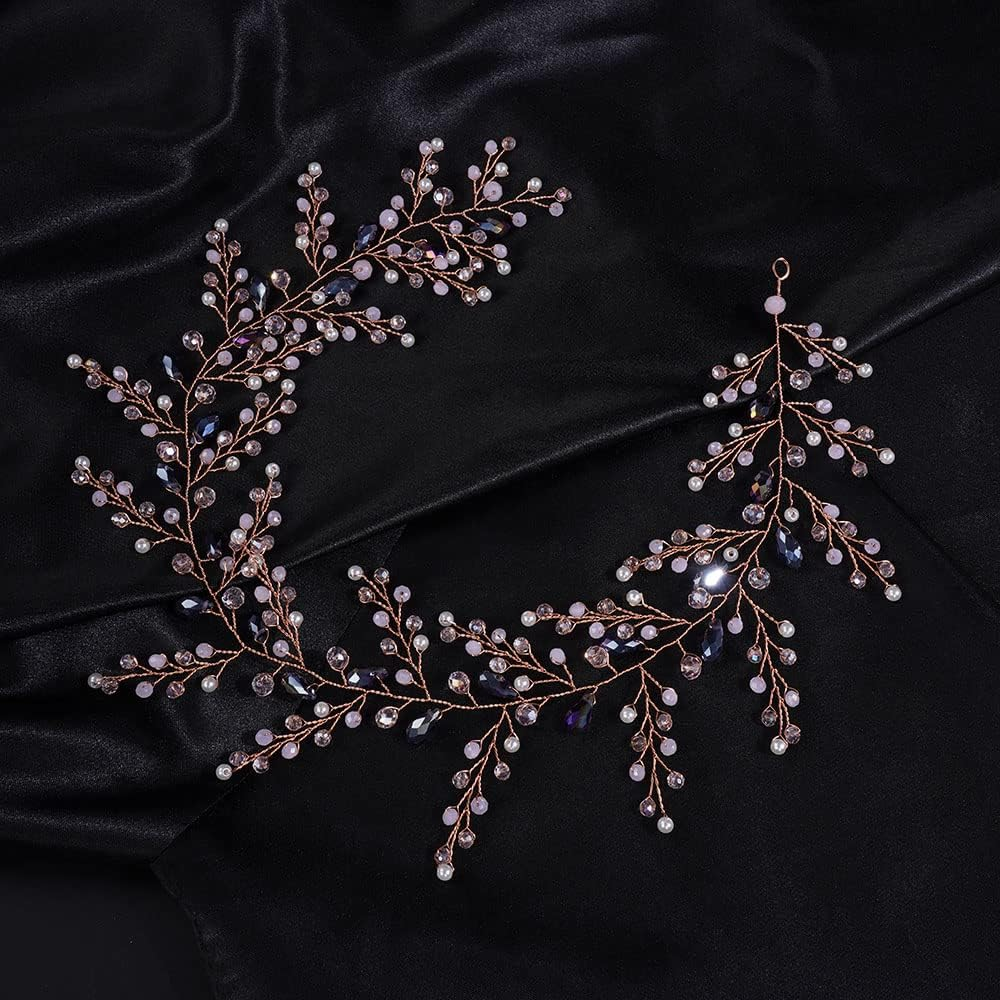 Teyglen Women Bride Wedding Rhinestones Crystals Long Headband Hair Vine Handmade Bridal Pink Rhinestone Pearls Beads Headband Wedding Hair Accessories for Brides Headpieces for Women Bride (Pink) image number 5