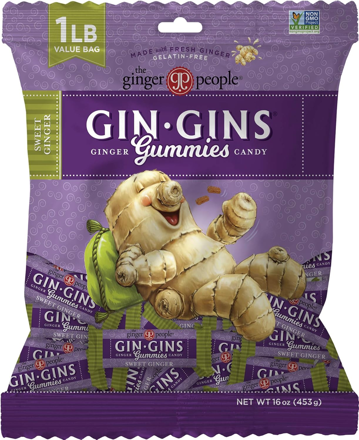 GIN GINS Sweet Ginger Gummies &ndash; Natural Fresh Ginger Candy by the Ginger People &ndash; Sweet Ginger Gummies Flavor &ndash; Large 1 Lb Bag (16Oz) &ndash; Pack of 1 image number 1
