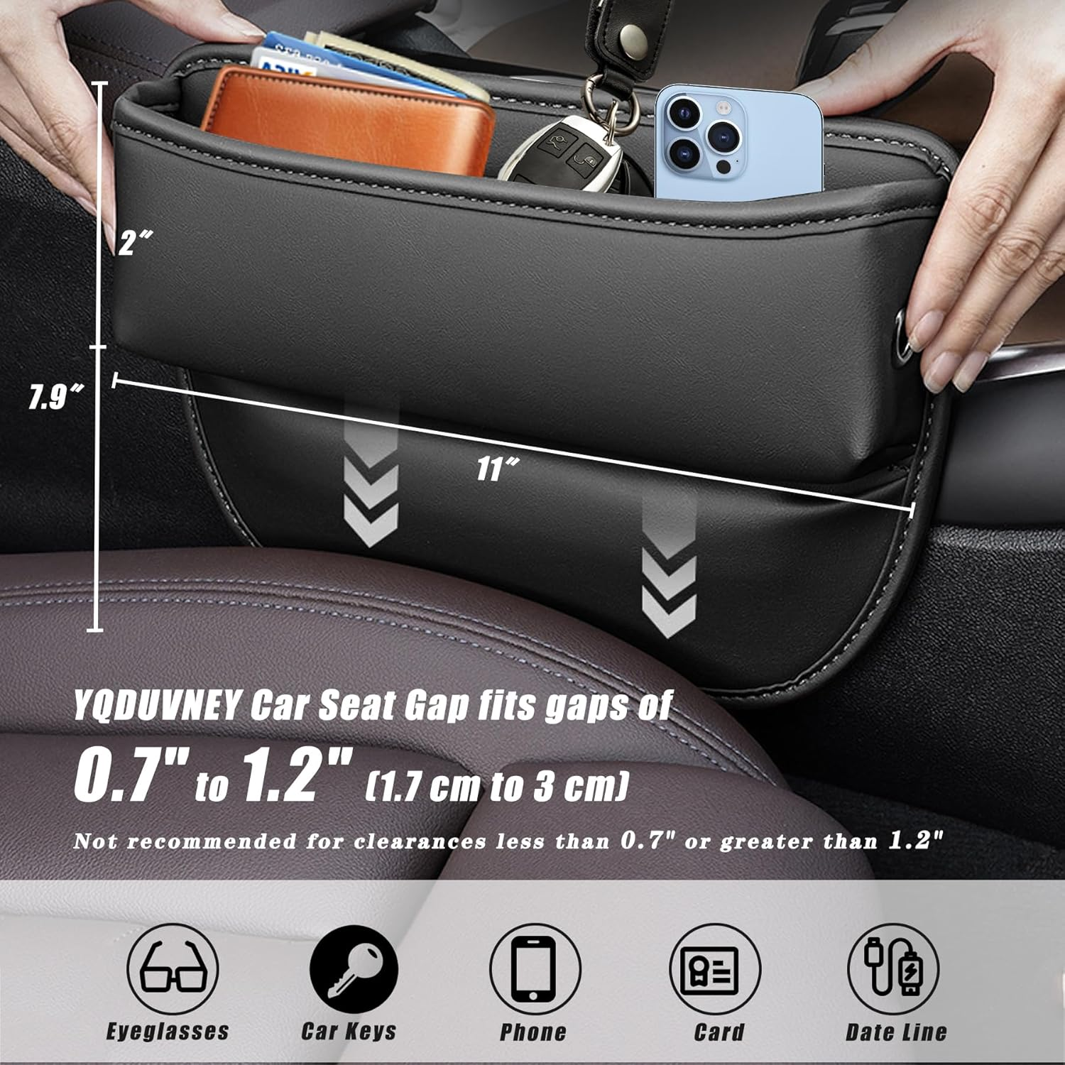 YQDUVNEY Car Seat Gap Filler, Universal Leather Car Storage Organizer, Premium Car Seat Storage Box, Adjustable Gap Filler for Keys, Cards(2 Pack) image number 2