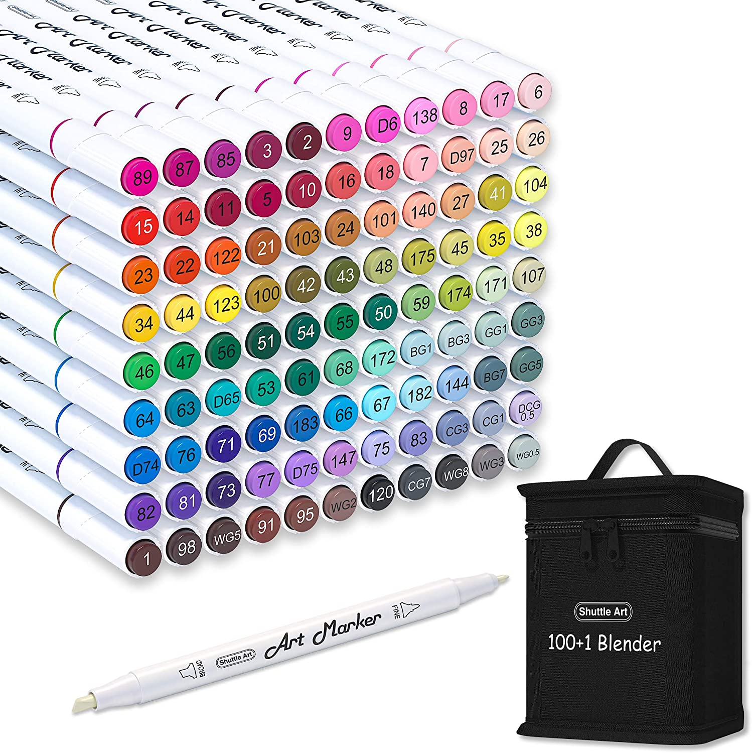 Shuttle Art 100 Colours Alcohol Markers, Dual Tip Art Markers plus 1 Blender Art Pens for Drawing, Sketching Highlighting, Marker Pens with Carrying Case for Artists and Adult Colouring Manga Design