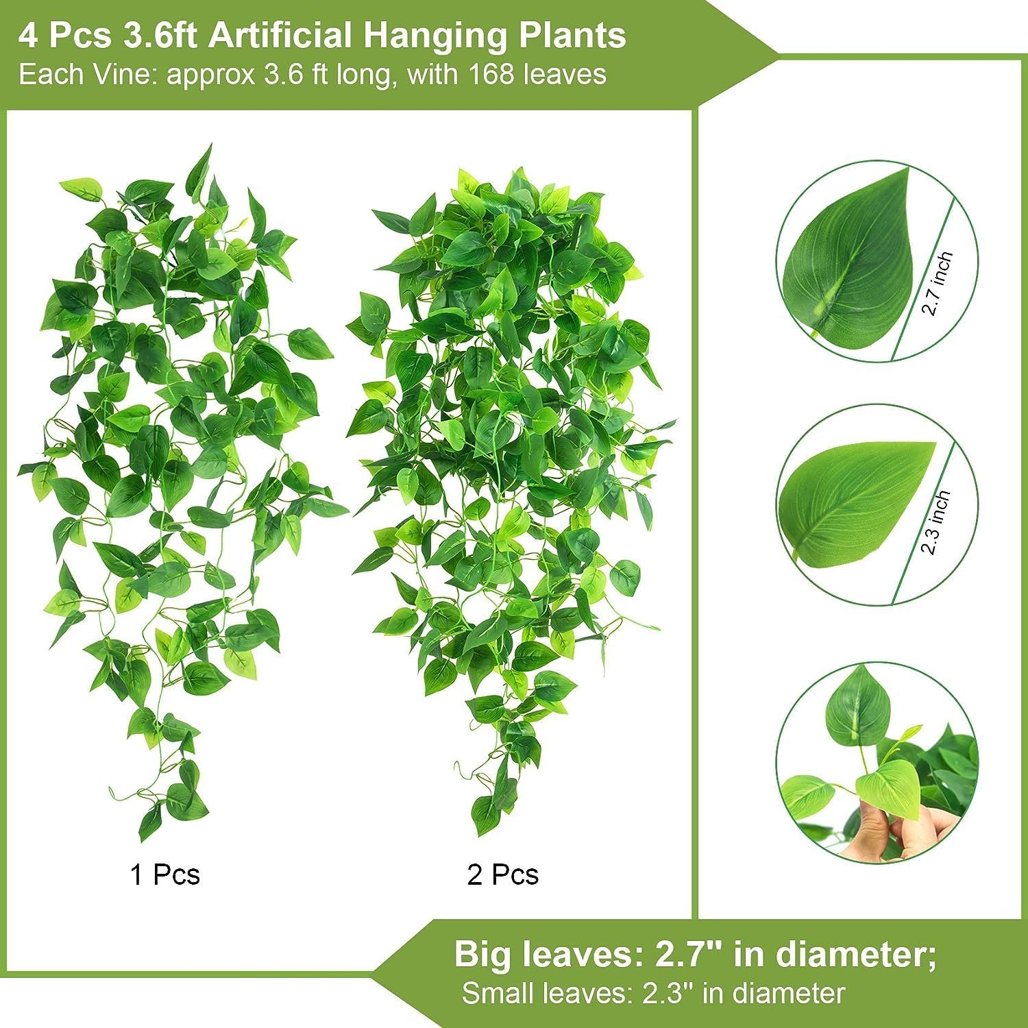 4Pcs Artificial Hanging Plants 3.6Ft Fake Ivy Vine Fake Ivy Leaves for Wall House Room Patio Indoor Outdoor Home Shelf Office Decor (No Baskets) image number 4