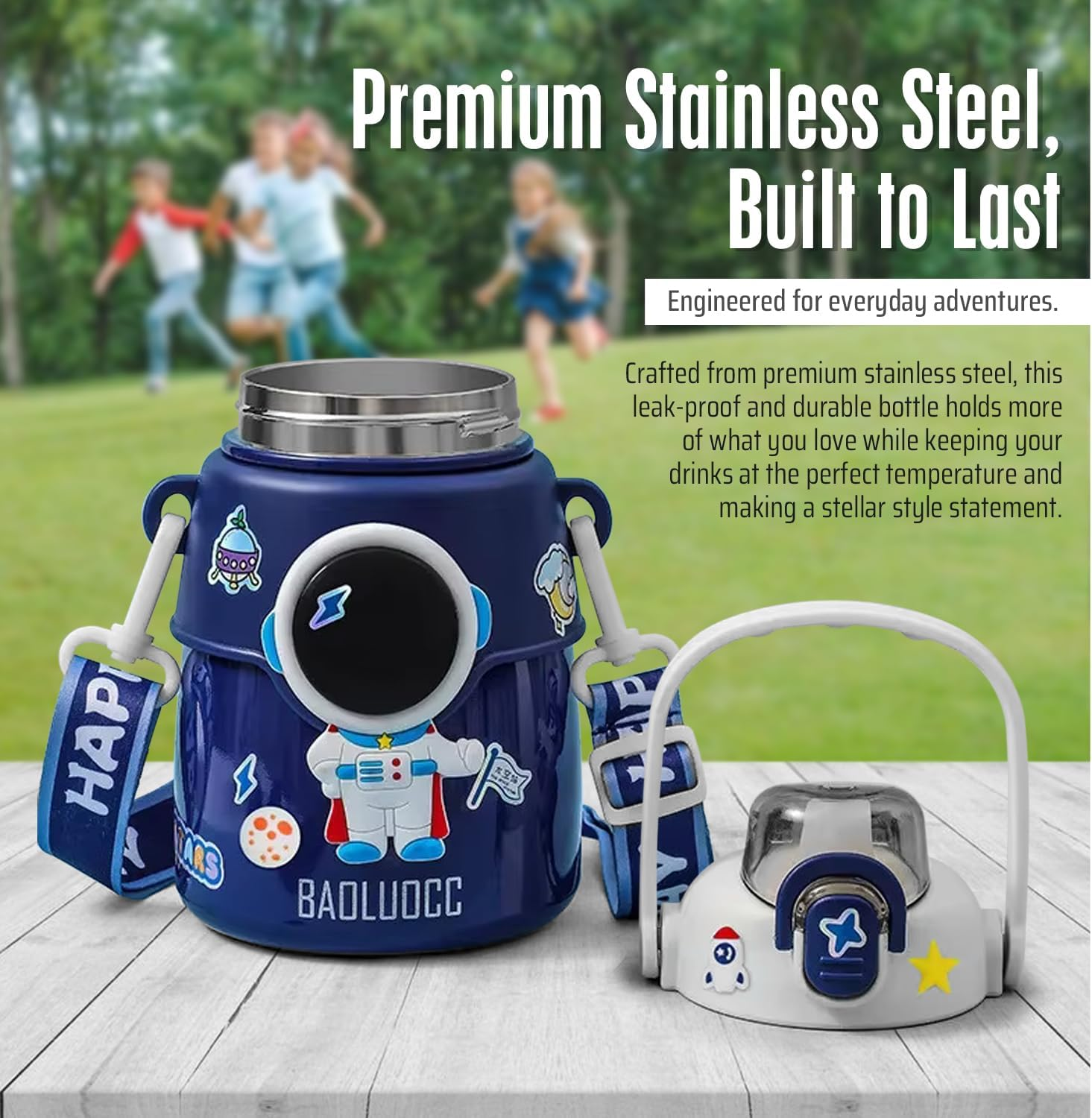 Outer Space Kids Water Bottle &ndash; 850Ml Leakproof Stainless Steel Thermos with Straw Lid, Strap & Stickers &ndash; Insulated Double Wall Bottle Keeps Drinks Cold 24H / Hot 12H for School & Travel - Blue image number 2