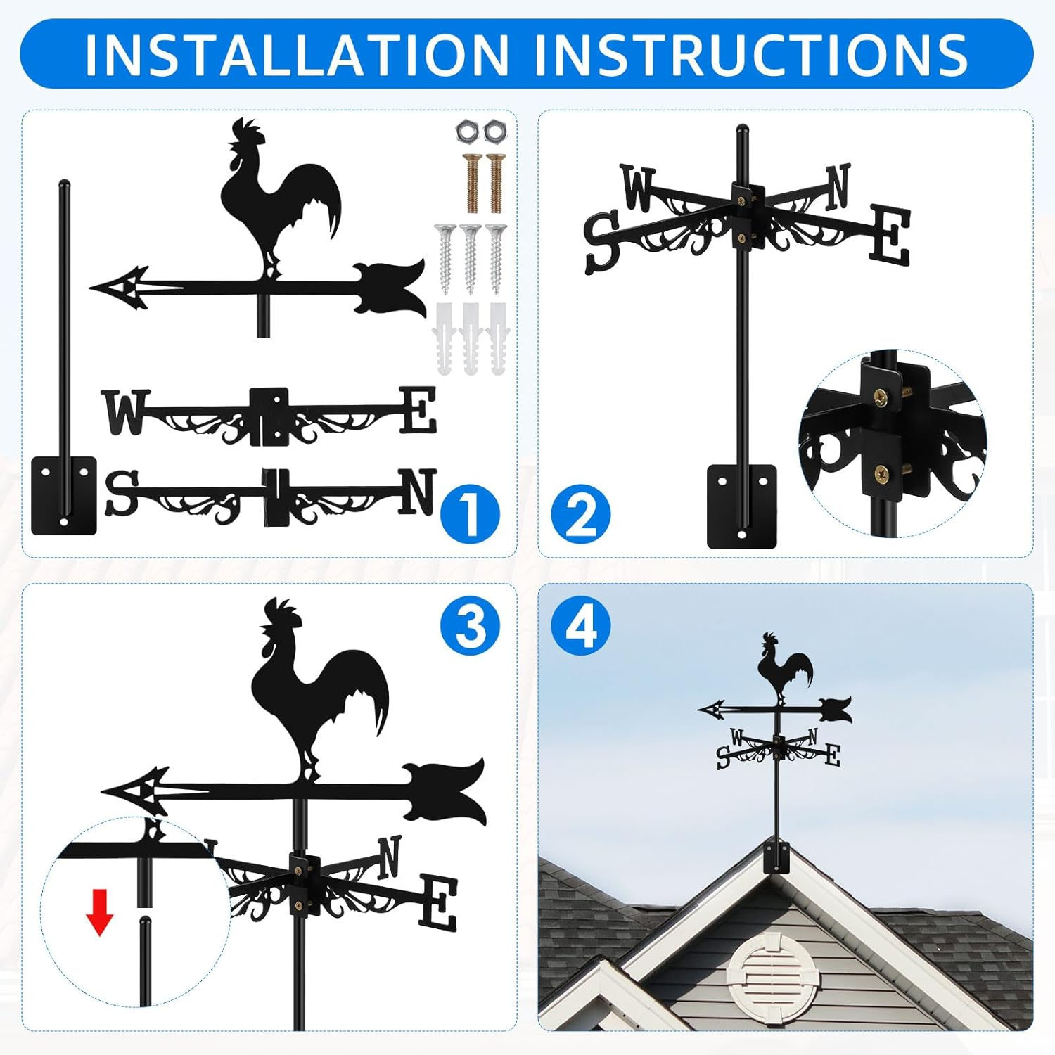 Chicken Wind Vane Rustproof Wind Direction Indicator Decorative Rooster Weathervane Black Weather Vane Large Weather Vane Ornament European Style for Patio Roof Gardens Decoration image number 1