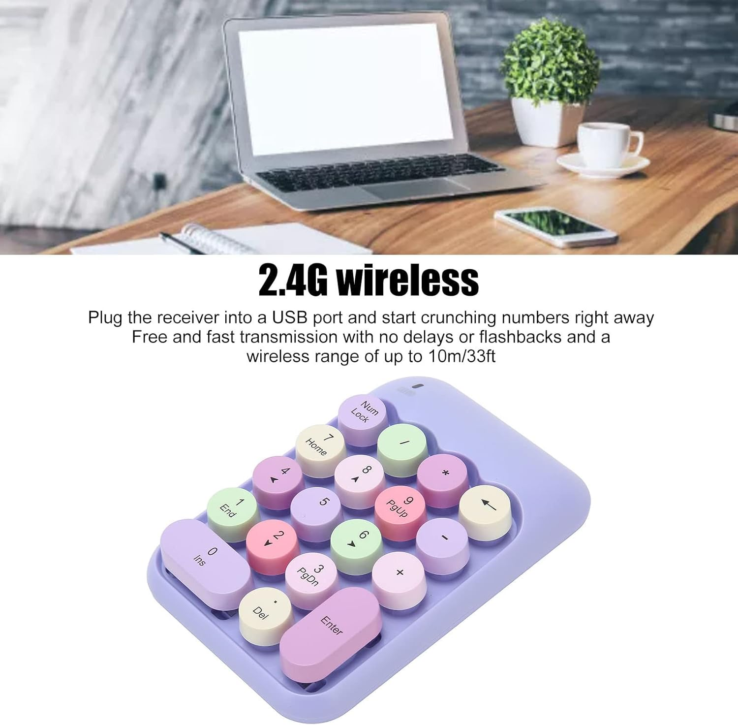 Wireless Number Pad, 2.4Ghz Wireless Numeric Keypad 18 Keys Colorful Retro Portable Number Pad with USB Receiver, Financial Accounting Keyboard Extensions for Laptop (Purple Theme) image number 6