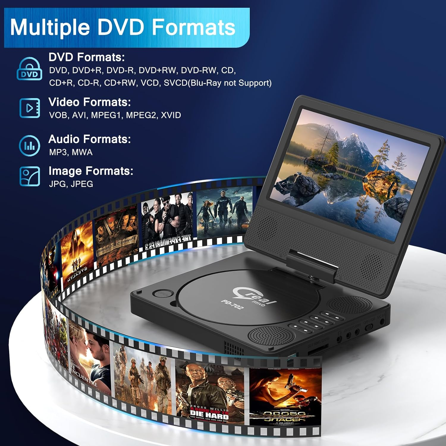 9.5" Portable DVD Player with 7.5" Swivel Display Screen, 5-Hour Built-In Rechargeable Battery, Car DVD Player,Supports SD Card/Usb/Cd/Dvd and Multiple Disc Formats, High Volume Speaker image number 5