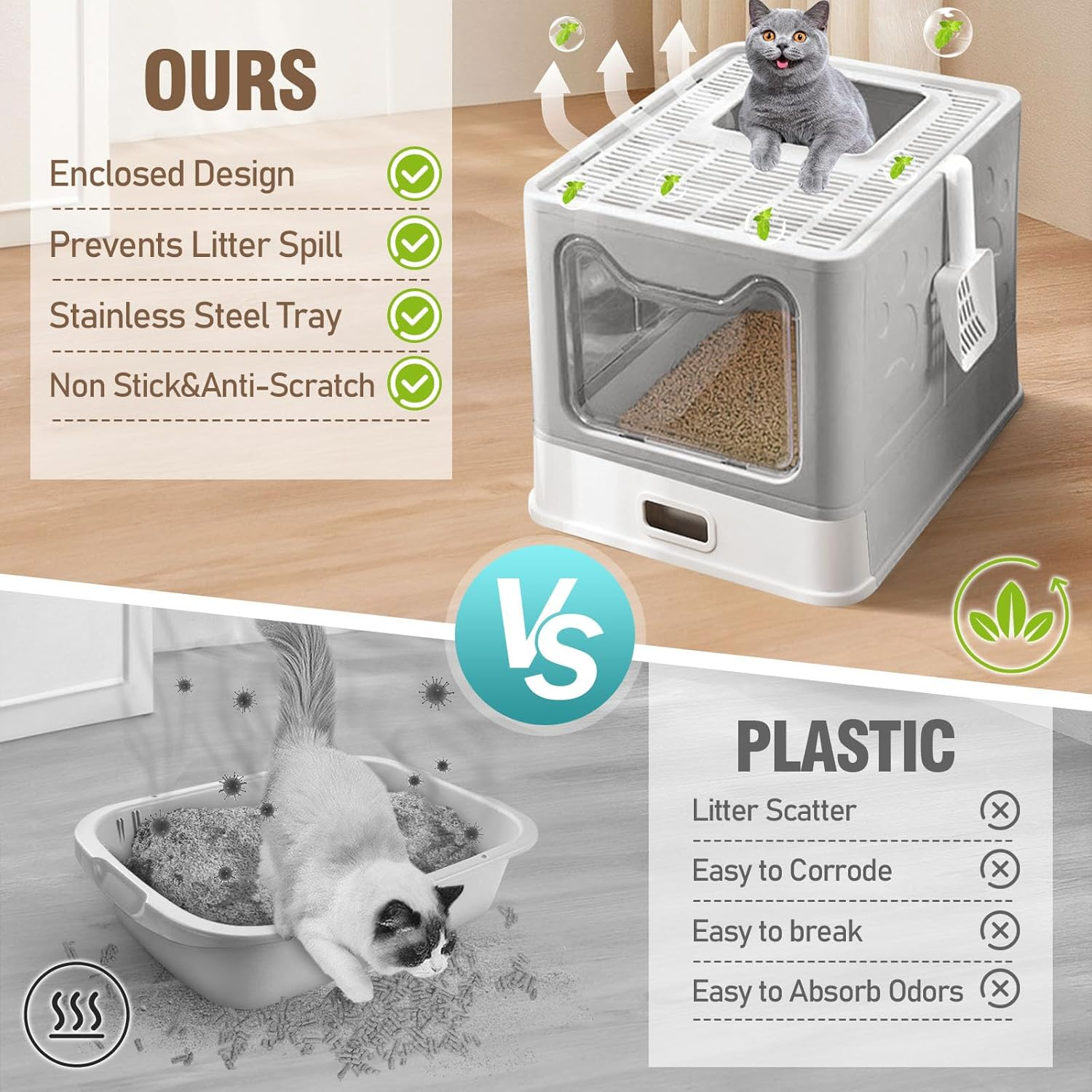 Amibud Stainless Steel Enclosed Cat Litter Box with Lid, Foldable Metal Enclosed XL Top Entry Kitty Litter Pan Tray with Scoop,Easy to Clean(Gray) image number 2