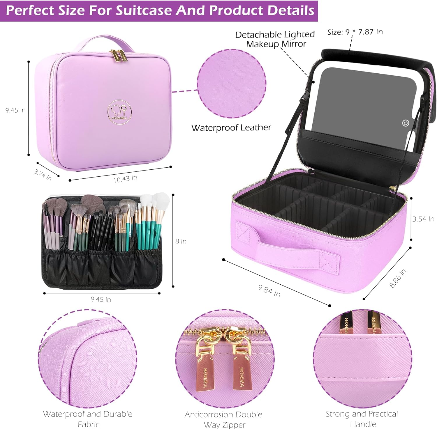 MOMIRA Travel Makeup Bag Cosmetic Bag with Illuminated Mirror, Adjustable Brightness in 3 Colour Scenarios, Gift for Women, Purple, Abnehmbarer Spiegel image number 2