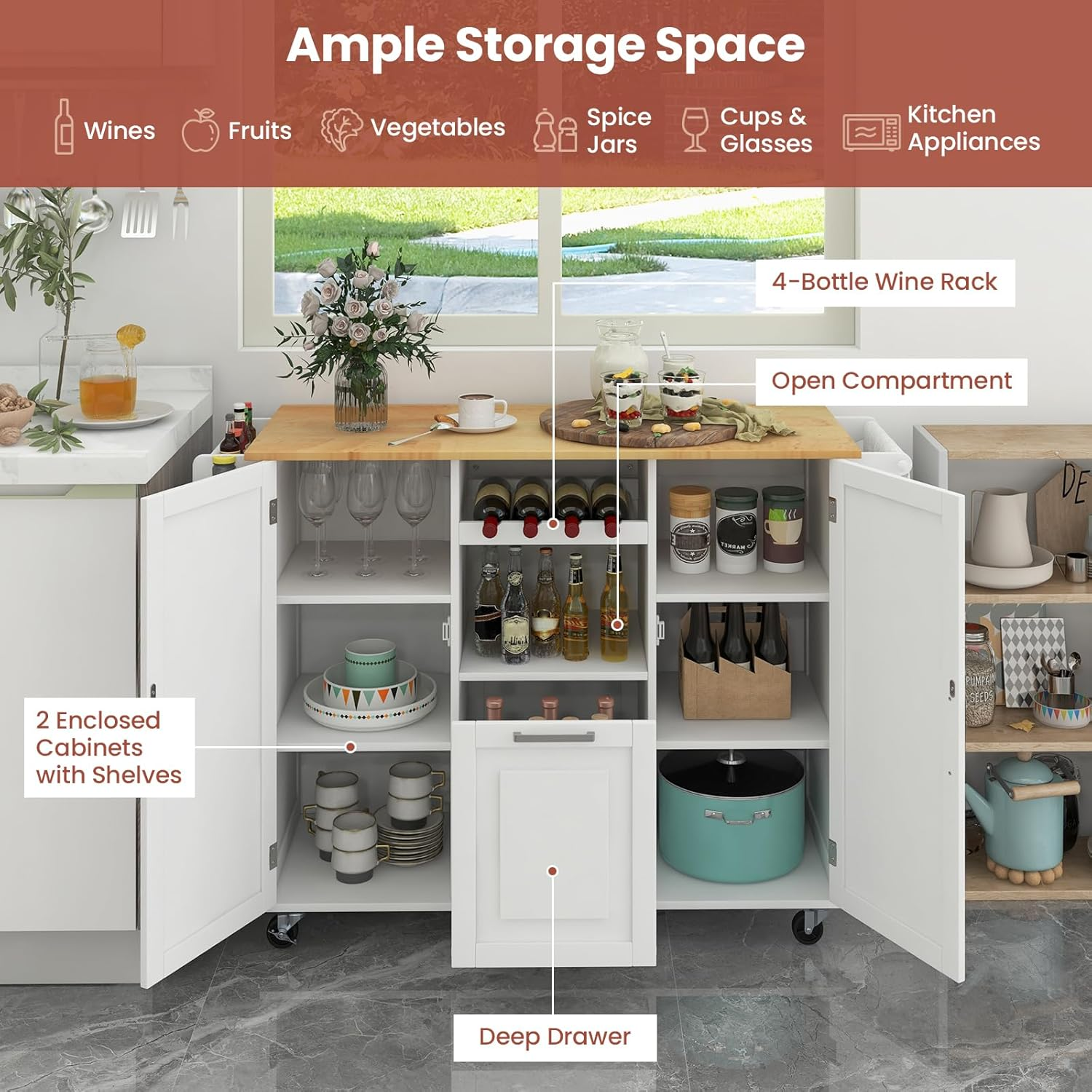 Giantex Rolling Kitchen Island Cart, Large Kitchen Island W/Drop-Leaf Countertop & 4 Rotatable Casters, Kitchen Trolley Cart with Deep Drawer, Open Wine Bottle Rack & Towel Bar (White)