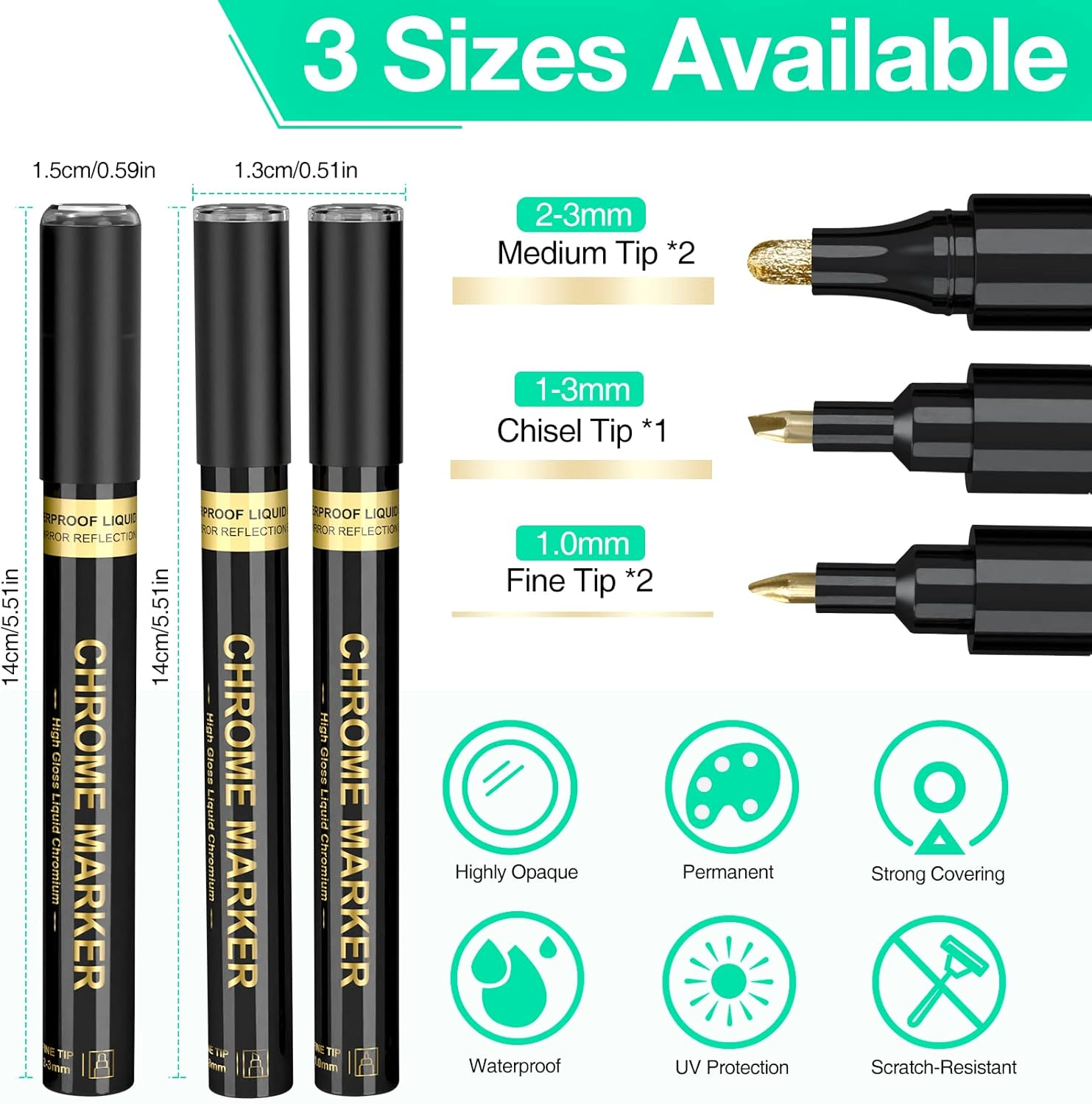 KERIFI Liquid Gold Chrome Markers, Supper Golden Metallic Paint Pens, Reflective Gloss Permanent Mirror Markers for Model Repairing, Resin Metal Glass Plastic, DIY Art Projects Crafts (5 Pack, 1-3Mm) - Silver image number 4