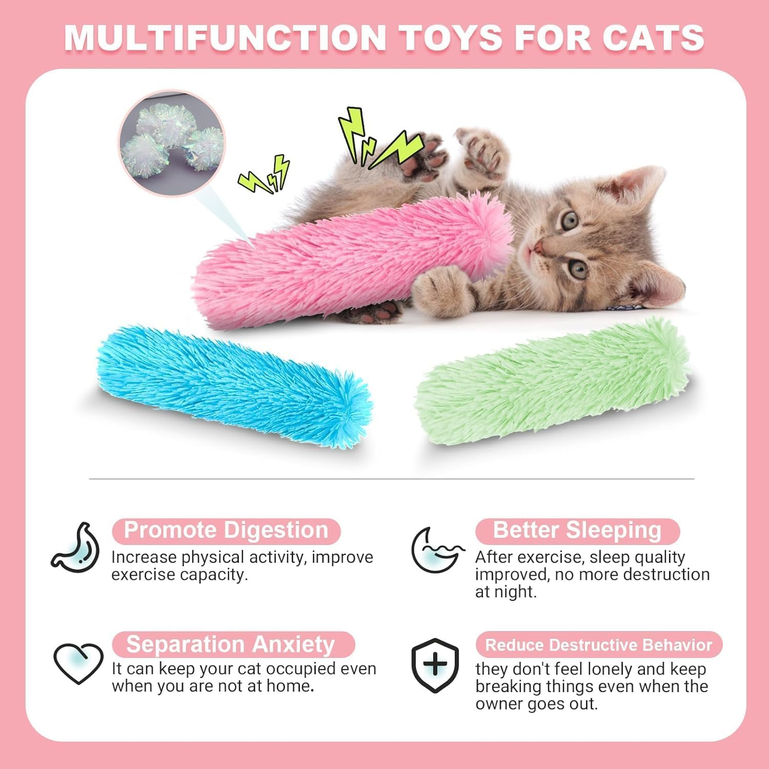 Cat Toys Cat Pillows 4 Pack Soft and Durable Crinkle Sound Catnip Toys, Interactive Cat Kicker Toys for Indoor Cats, Promotes Kitten Exercise Plush Cat Chew Teething Clean Toy for Small Cats image number 6