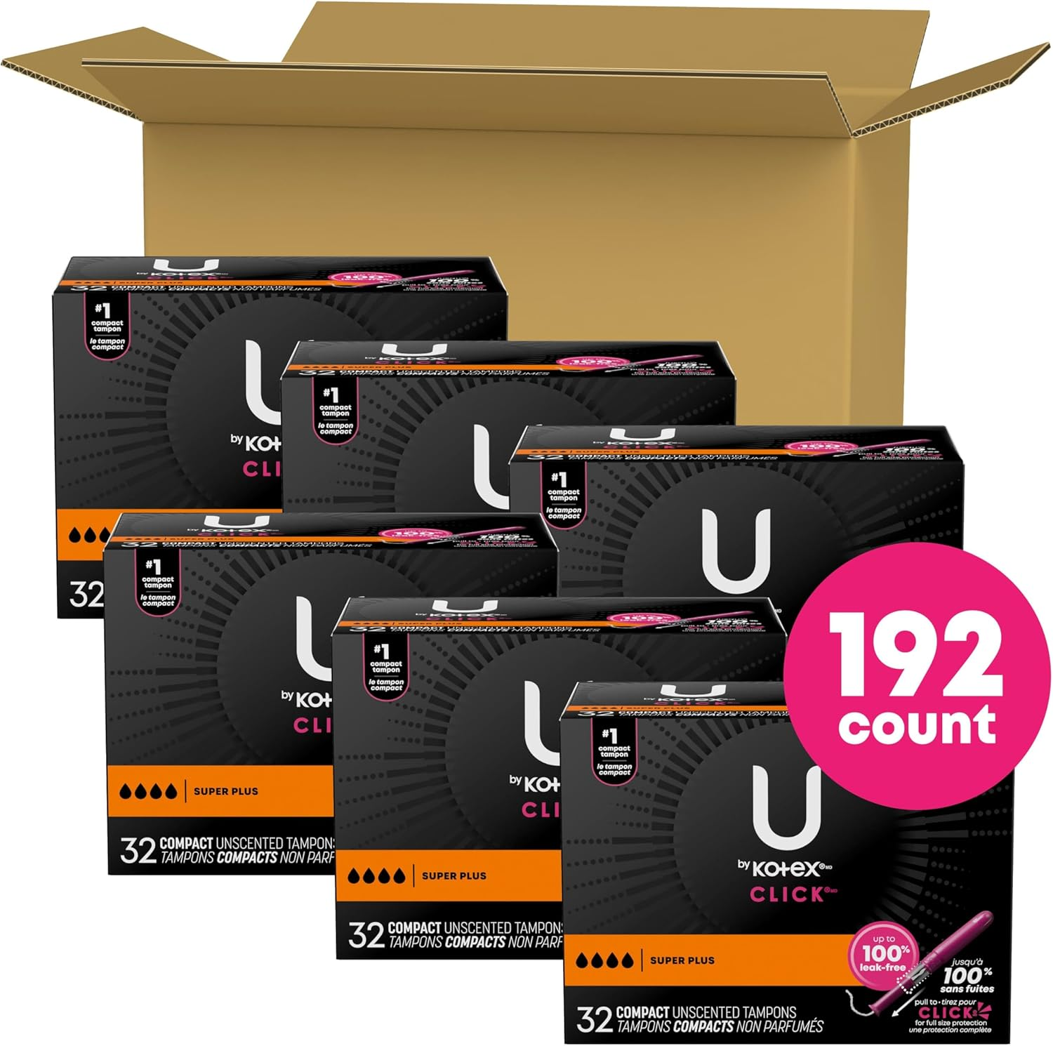 U by Kotex Click Compact Tampons, Super Plus, Unscented, 192 Count (6 Packs of 32) (Packaging May Vary) image number 1