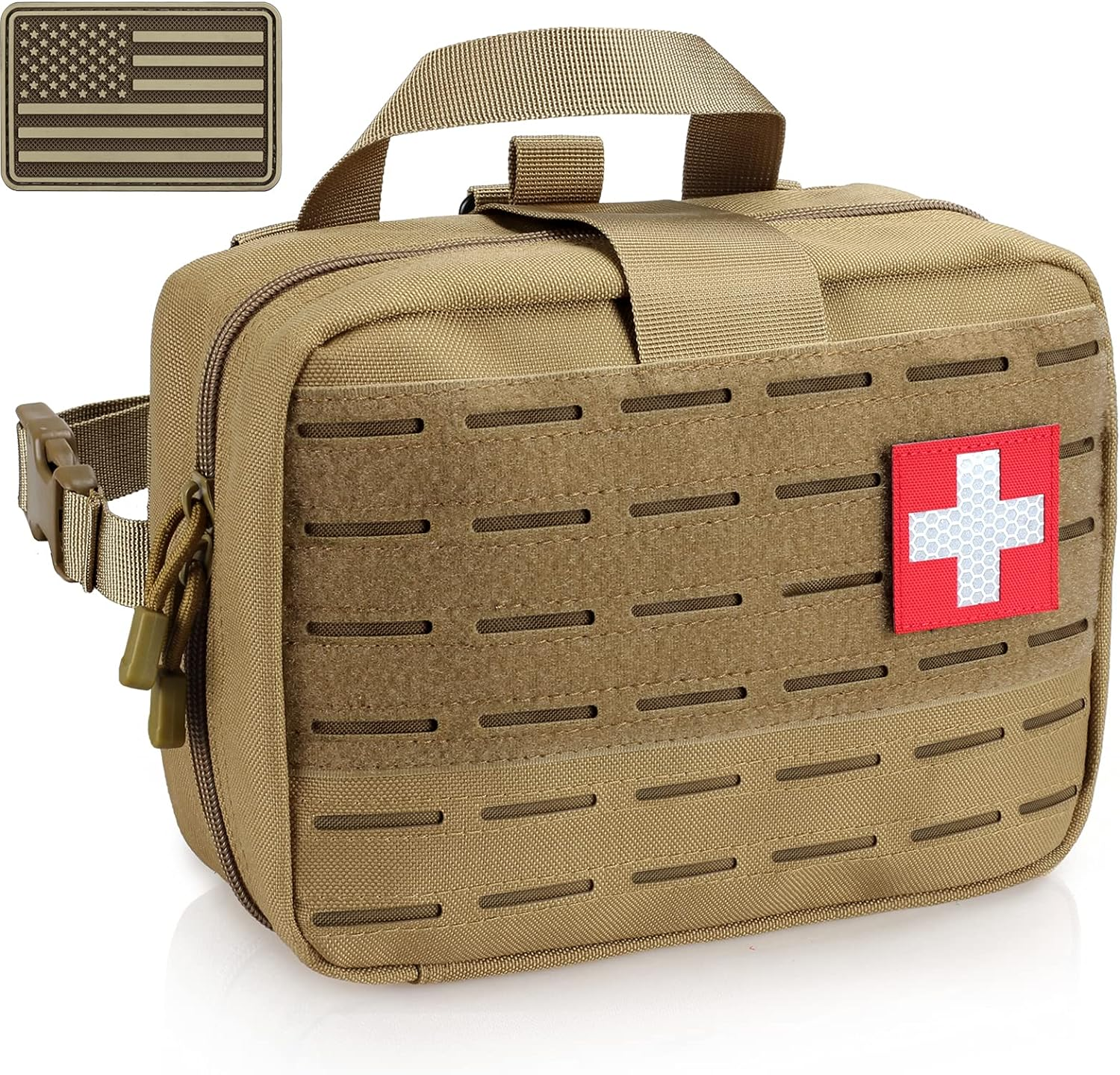 LIVANS Tactical Molle Medical Pouch - Upgraded Size, Large Capacity IFAK Pouch with Detachable Quick Release and Headrest Mount, Includes Flag and Cross Patch