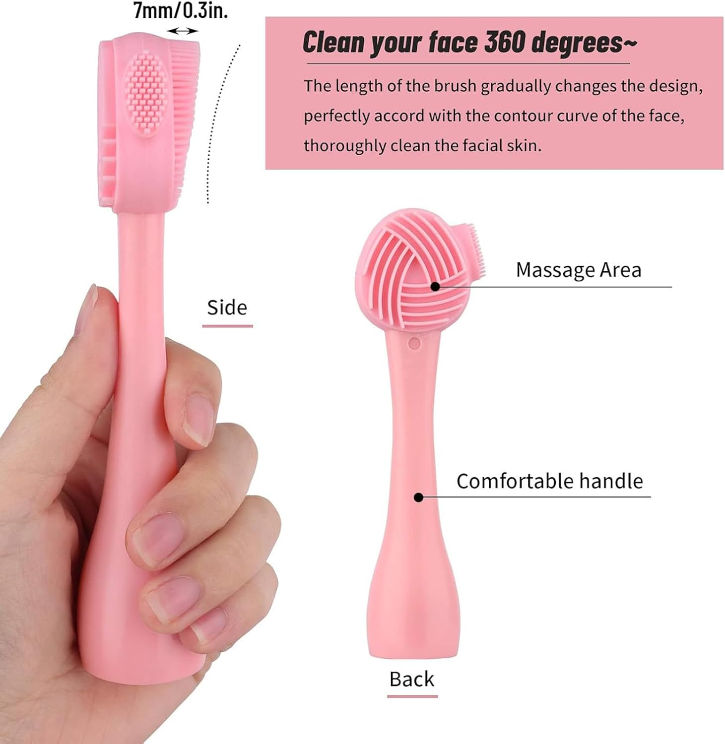 Silicone Facial Cleansing Brush 3 Designs,4 in 1 Handheld Face Scrubber for Deep Gentle Exfoliating, Double-Ended Face Wash Scrub Brush for Face Skincare and Massage (Pink) image number 6