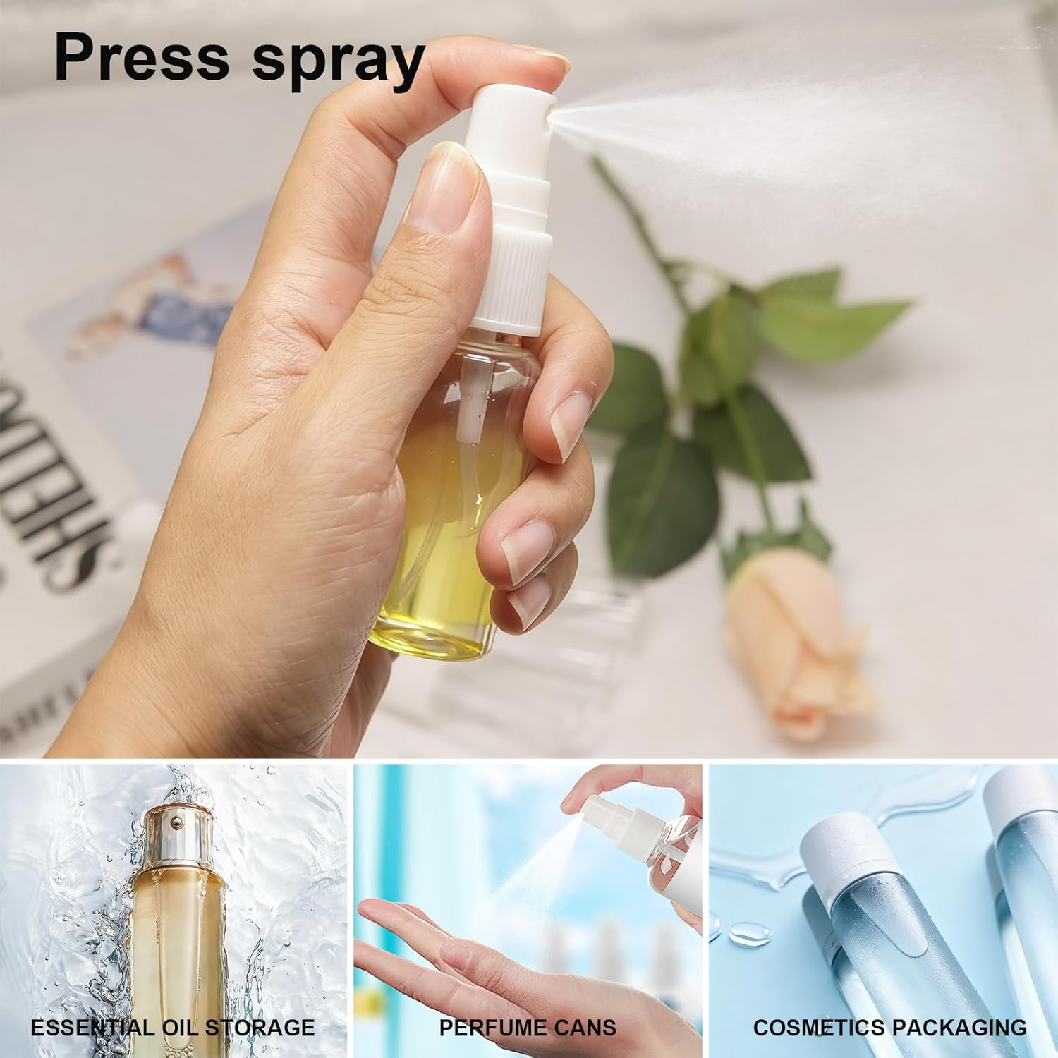 Ozessence 27 Pcs Spray Bottle Set, 5/10/15/20Ml Refillable Travel Perfume Atomiser (5 Each) with Fine Mist Nozzle Labels & Funnel, Leakproof Mini Spray Bottles for Cosmetics Hair Care Toiletries