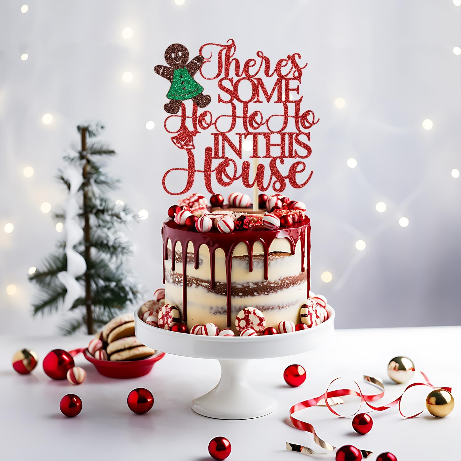 There'S Some Ho Ho Ho in This House Cake Topper, Xmas Holiday Cake Picks, Funny Christmas Cake Decorations, Christmas Party Decoration Supplies Red Glitter image number 5